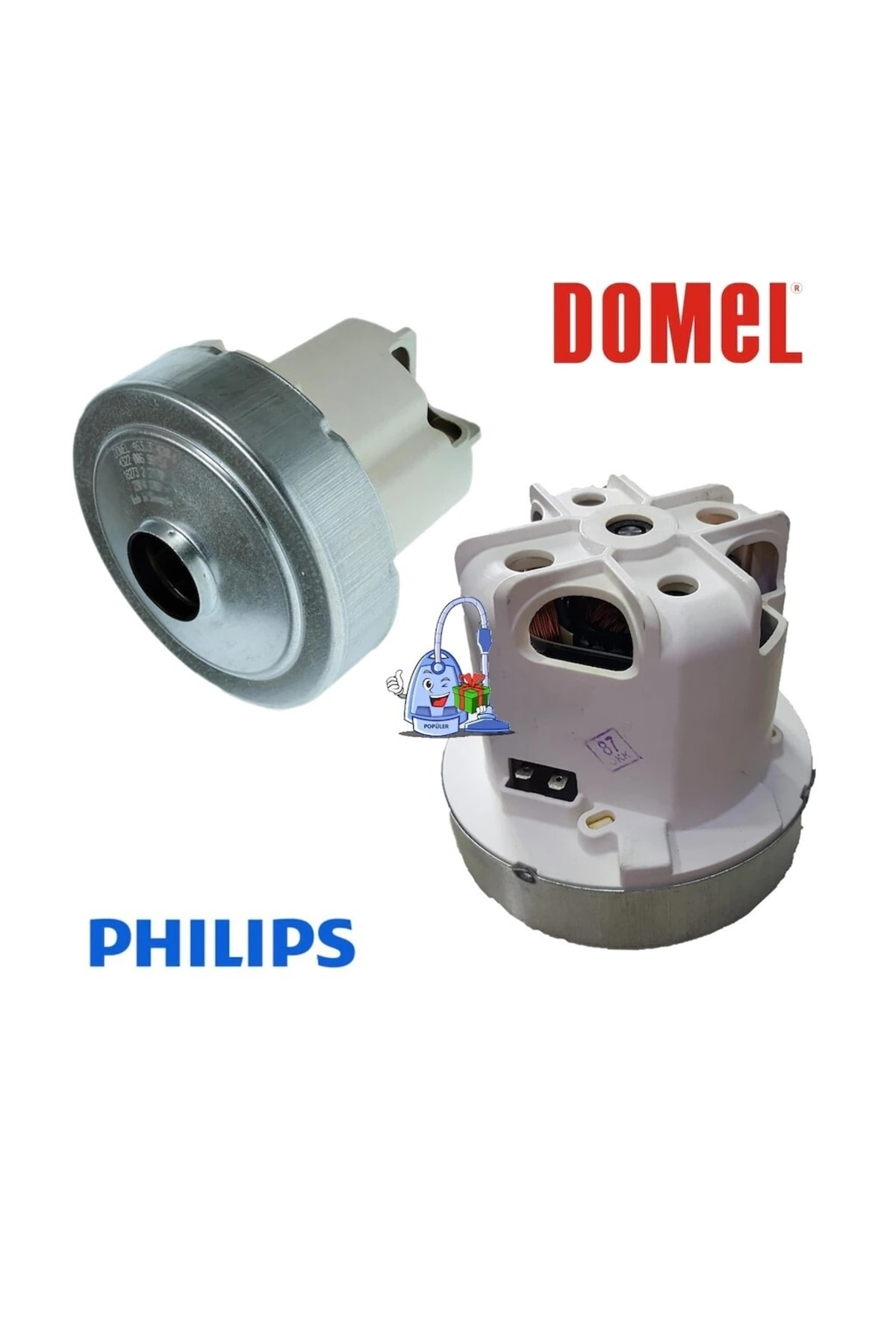 İki elektrikli süpürge motor parçası, biri gümüş, biri beyaz, logolu.