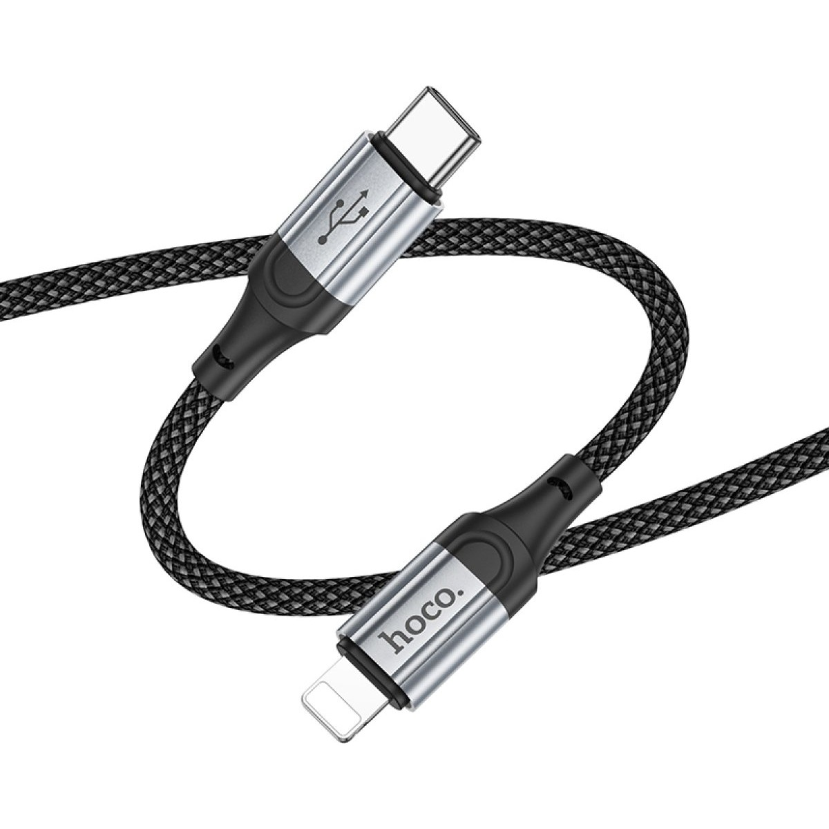 Gümüş konektörlü siyah USB-C - Lightning kablosu.