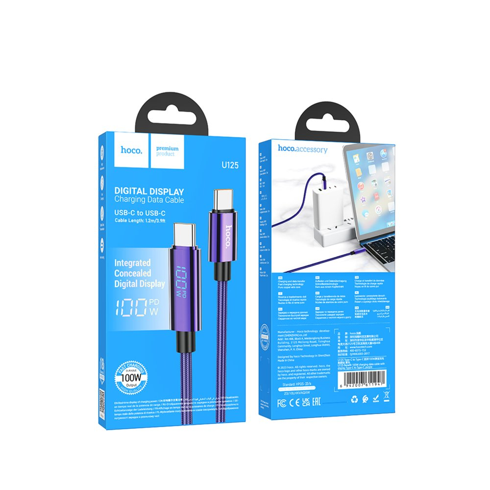 Hoco U125 dijital ekran şarj kablosu, USB-C'den USB-C'ye, 100W PD.