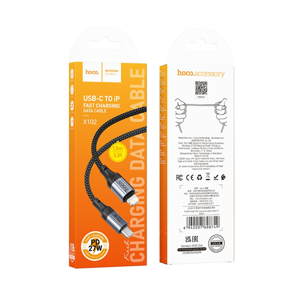 Hoco USB-C'den iP'ye şarj veri kablosu X102, 1m, PD 27W, gümüş konektörlü siyah.