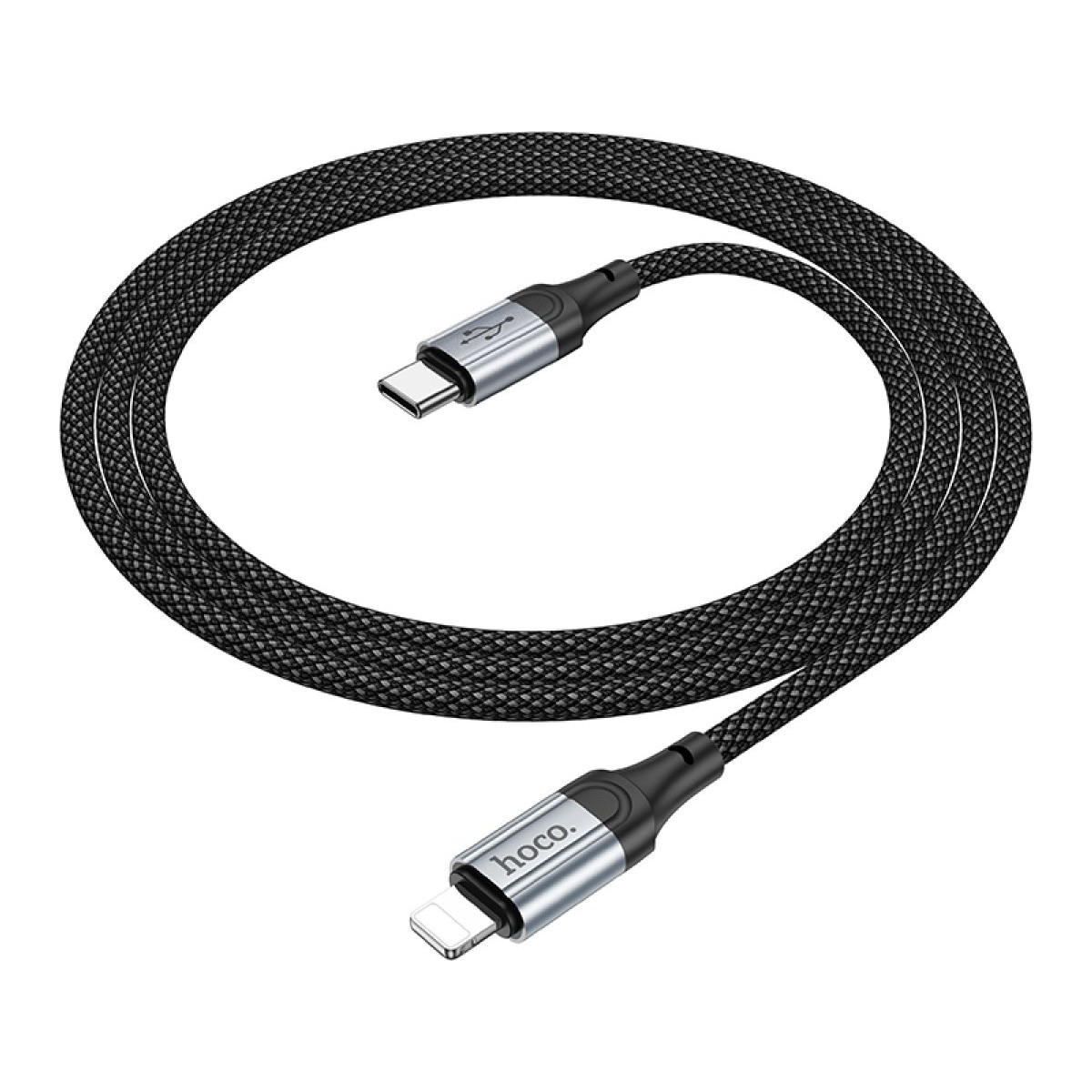 USB-C ve Lightning konektörlü siyah şarj kablosu, beyaz arka plan üzerinde.