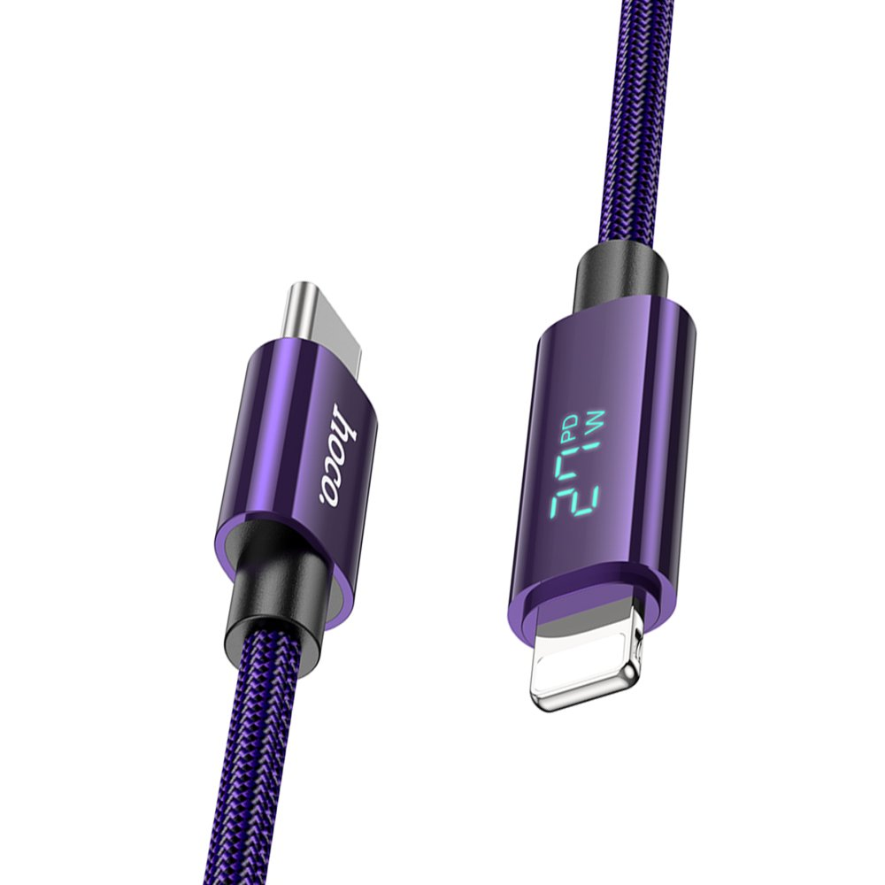 USB-C ve Lightning konektörlü mor şarj kablosu, 27W gösteriyor.