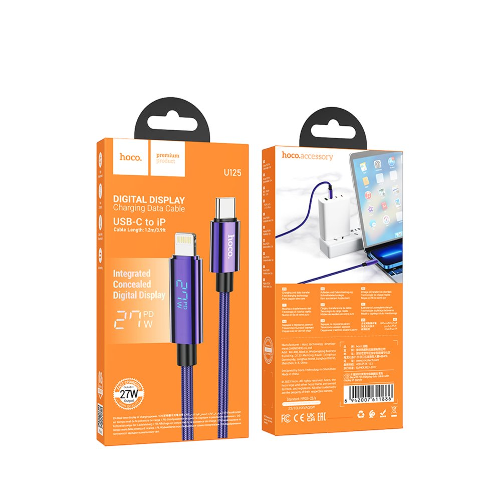 Hoco U125 şarj kablosu: USB-C - Lightning, dijital ekran, 27W.