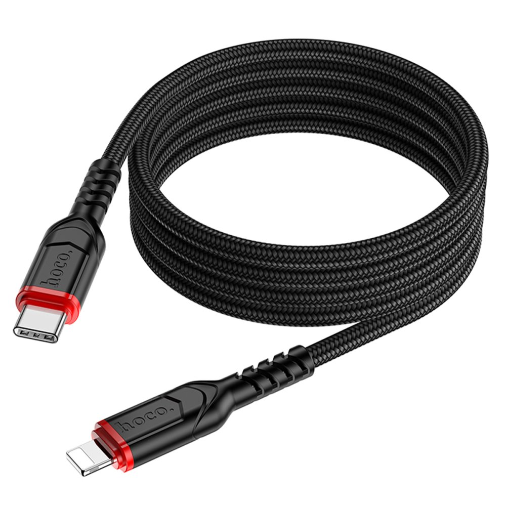 USB-C ve Lightning konnektörlü siyah örgülü şarj kablosu.