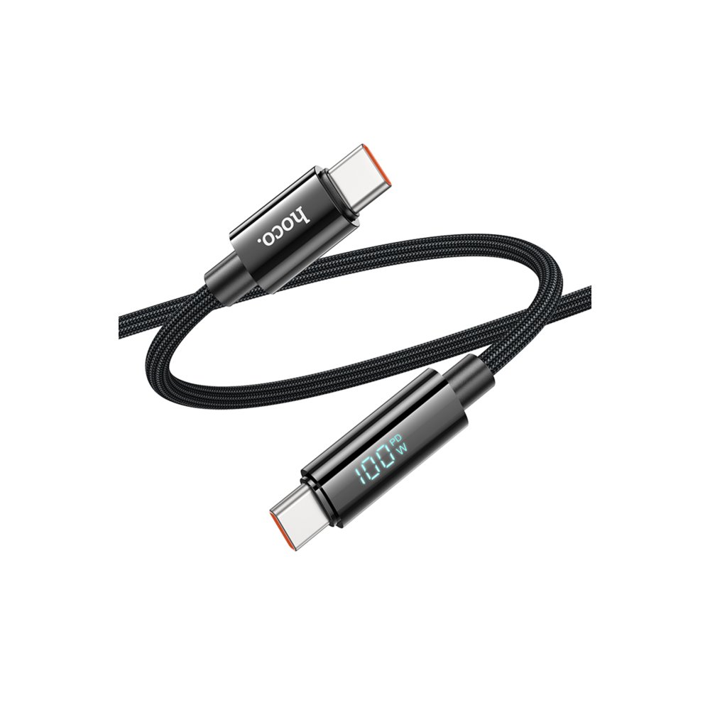 Dijital ekranlı ve kırmızı aksanlı siyah USB-C kablosu.