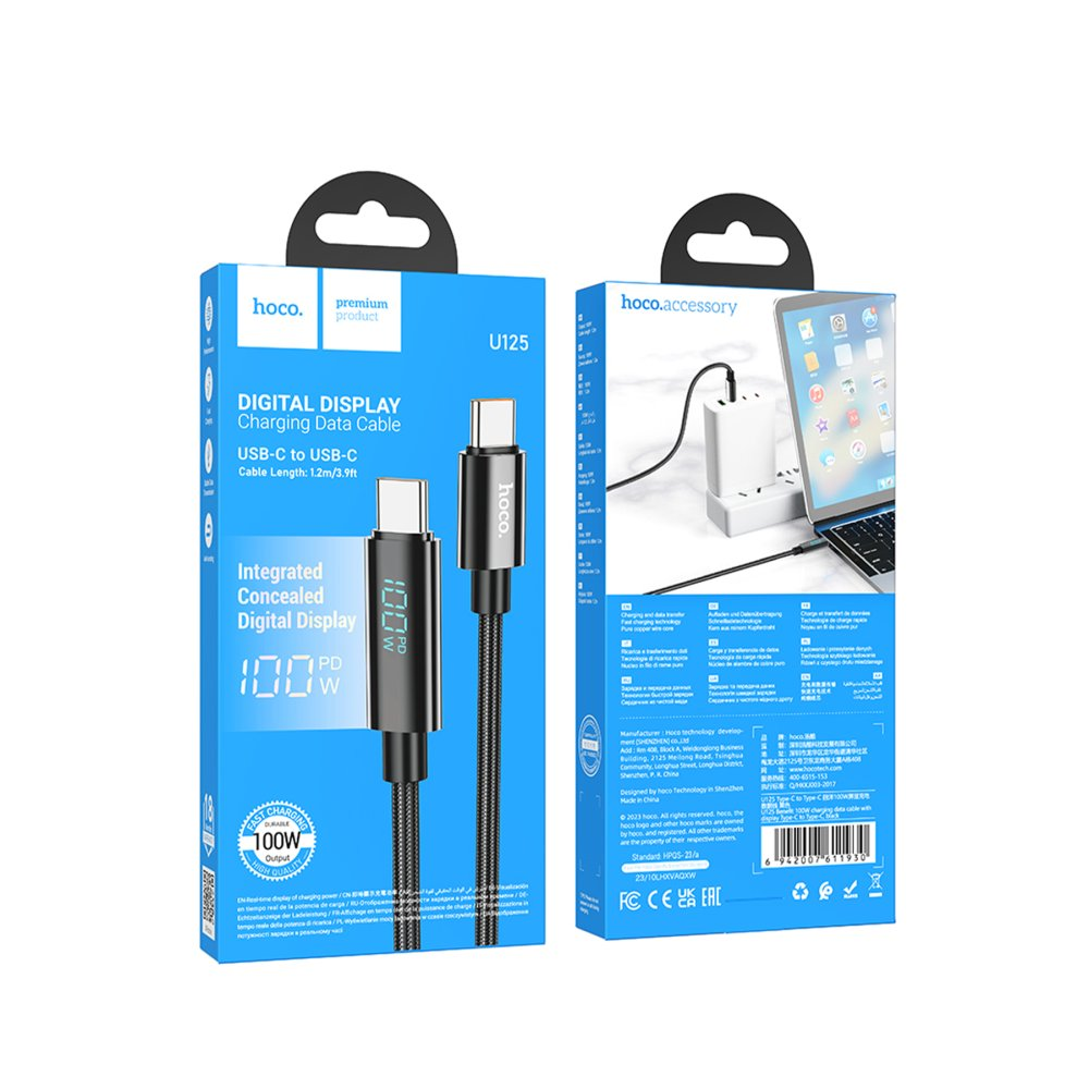 Hoco U125 USB-C şarj veri kablosu, dijital ekranlı, 100W.