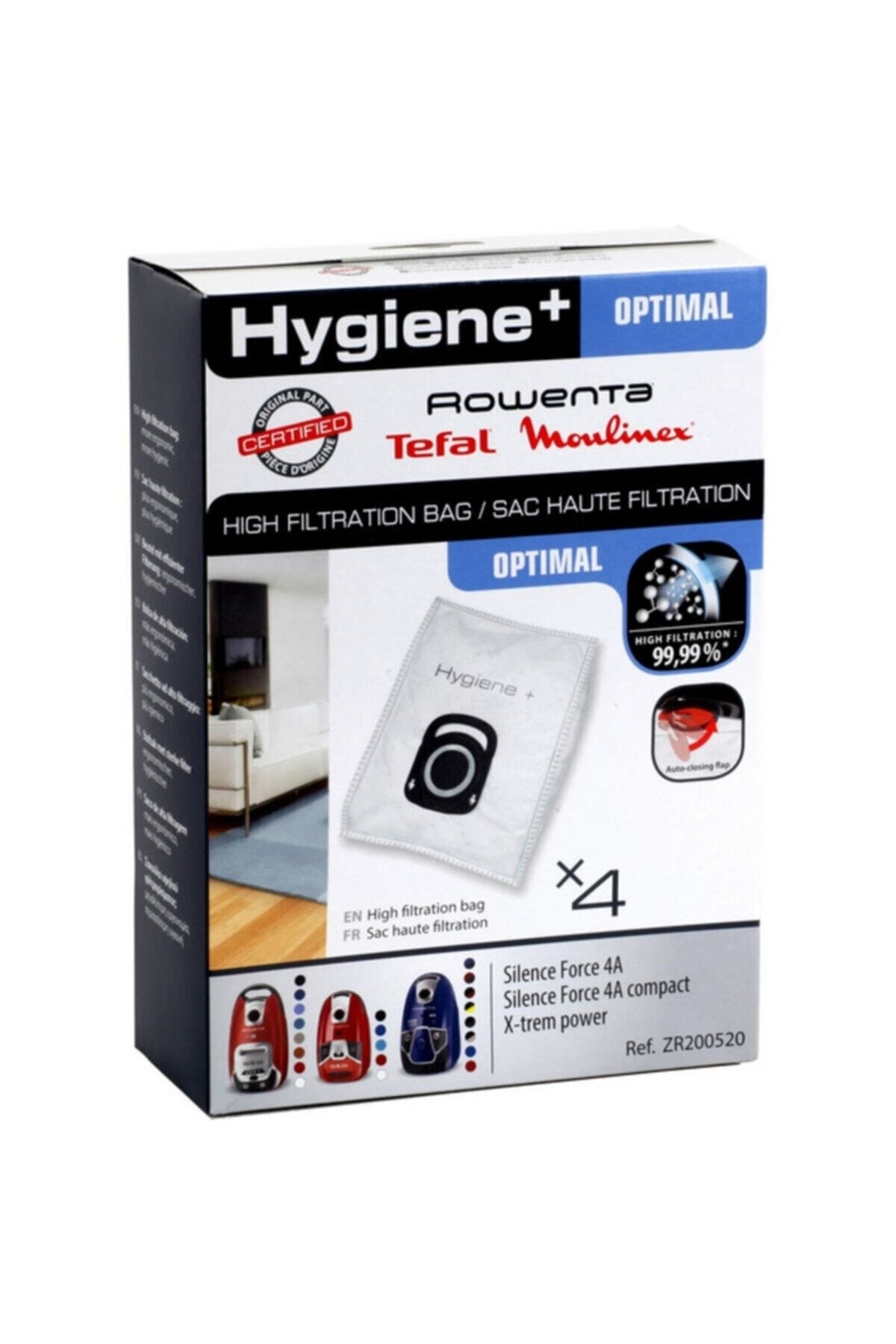 Rowenta Hygiene+ Optimal elektrikli süpürge torbası kutusu, %99,99 filtreleme.