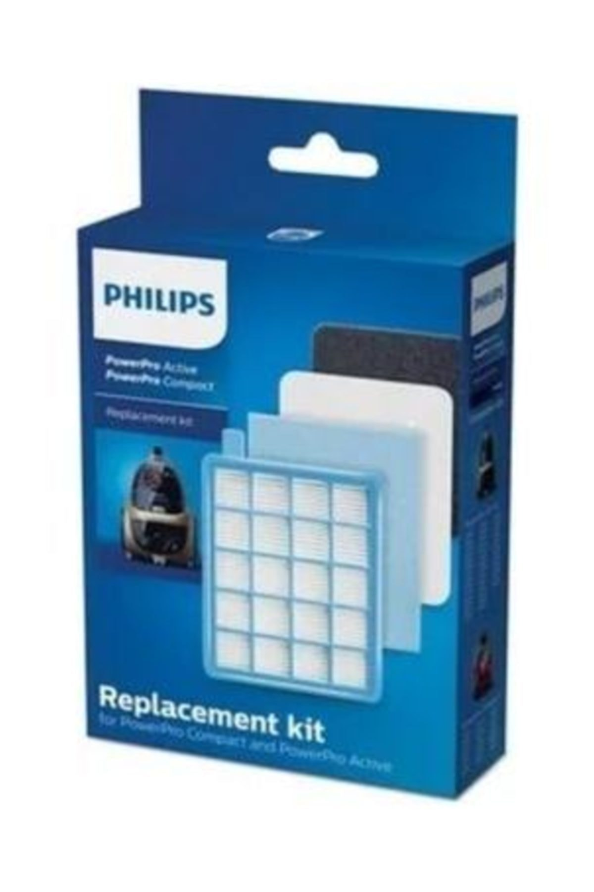 Philips elektrikli süpürge yedek filtre kutusu. Filtreleri ve süpürge resmini gösterir.