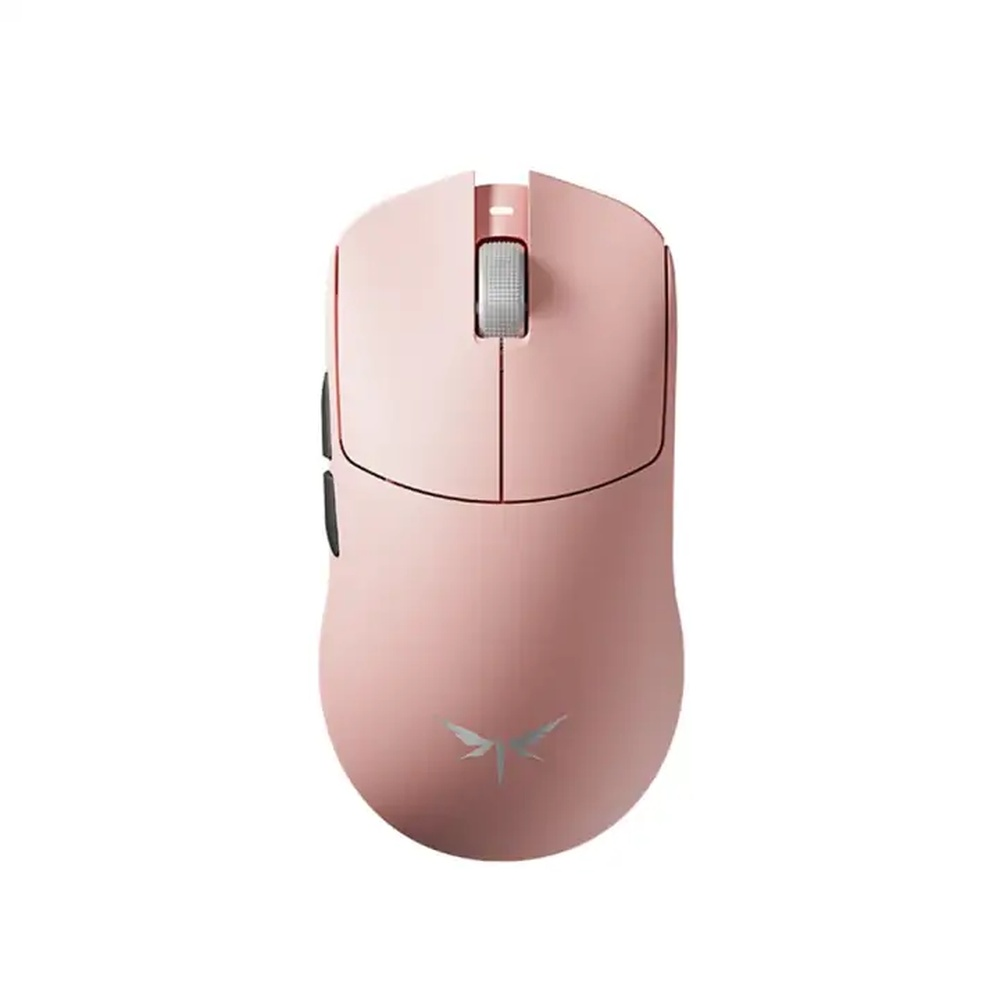 Beyaz arka planda kaydırma tekerleği ve yan düğmeleri olan pembe bilgisayar faresi.