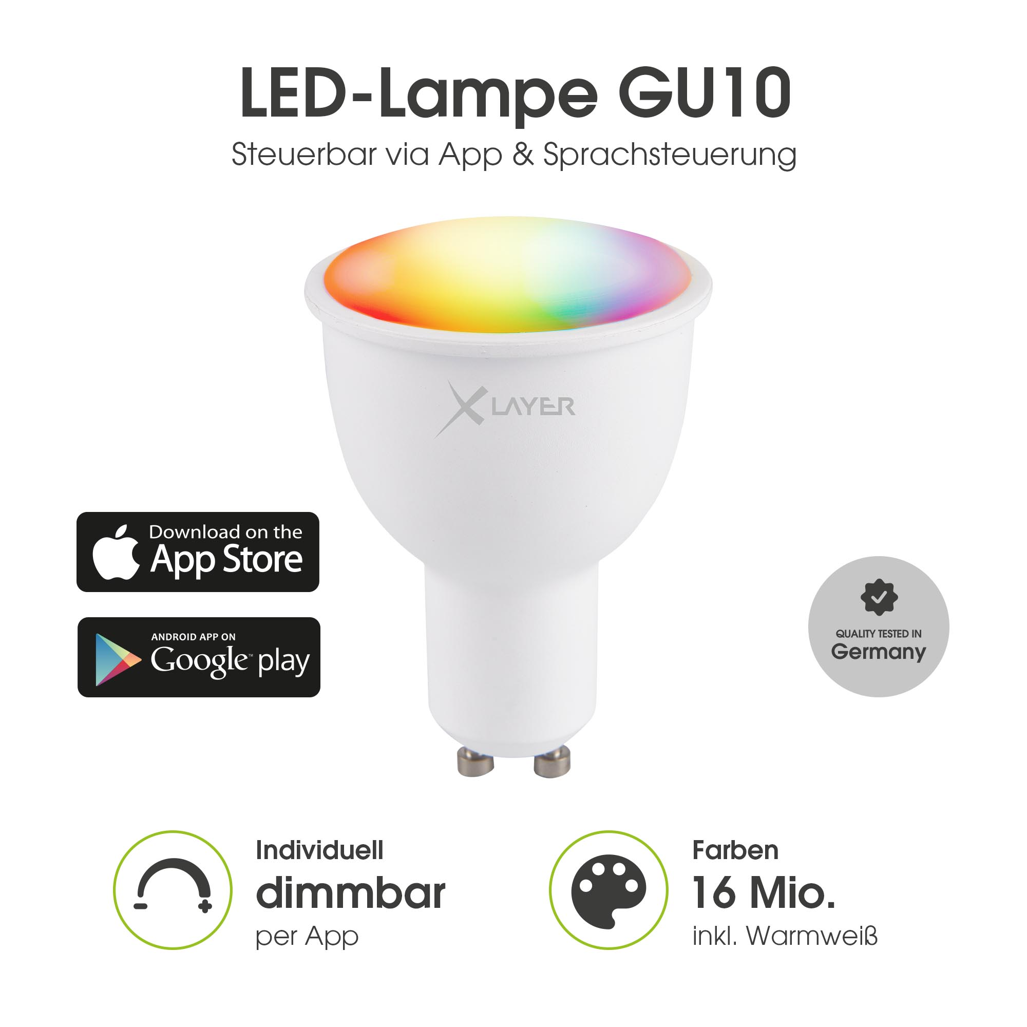 Weiße GU10 LED-Lampe mit farbigem Licht, App-Steuerung, Qualität aus Deutschland.