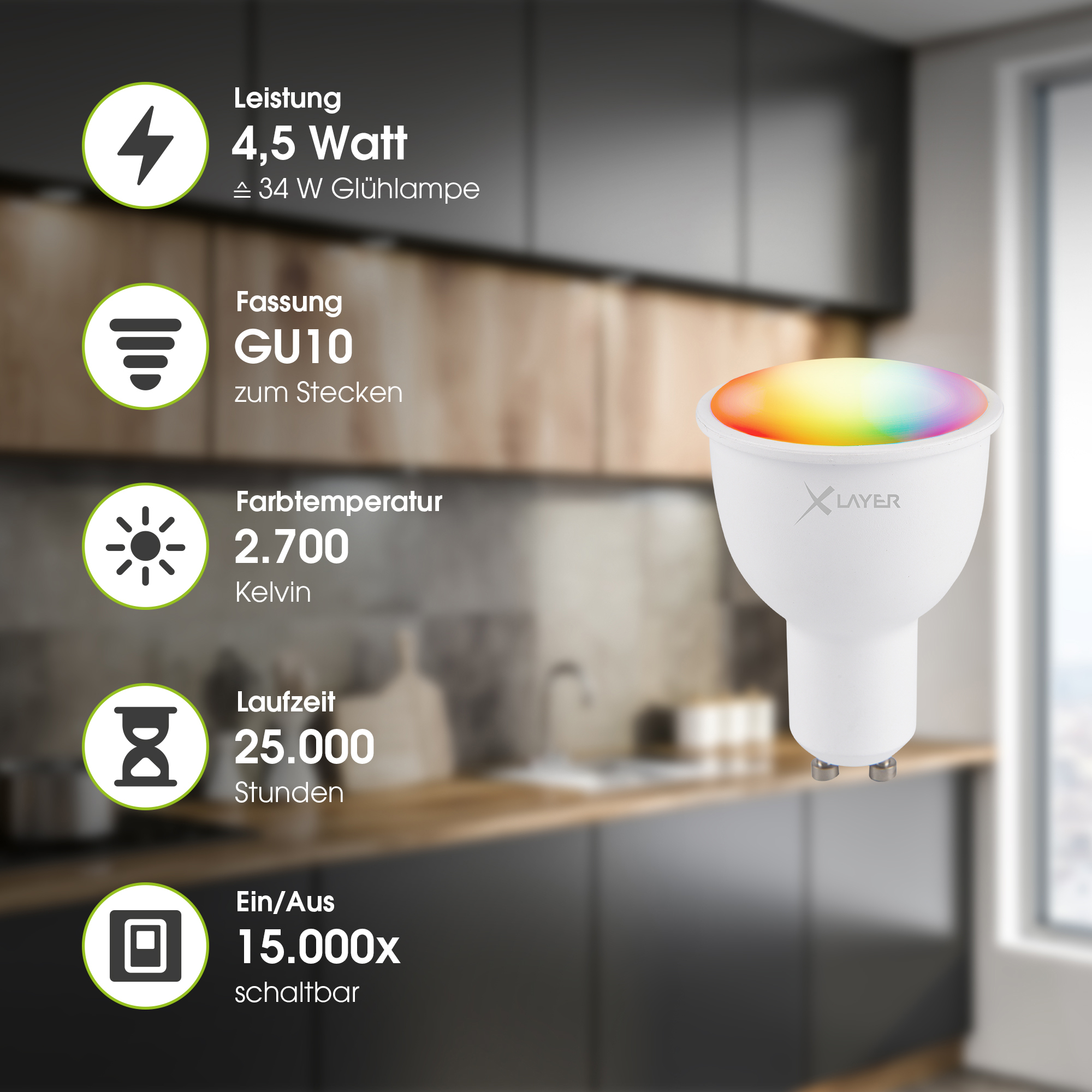 LED-Lampe mit GU10-Fassung, 4,5W, 2700K, 25.000 Std. Lebensdauer.