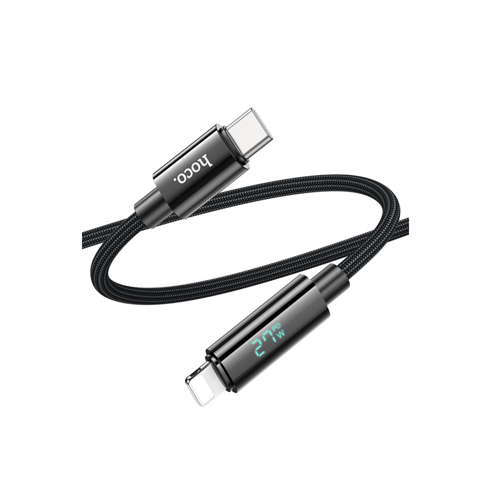 27W dijital ekranlı siyah USB-C şarj kablosu.