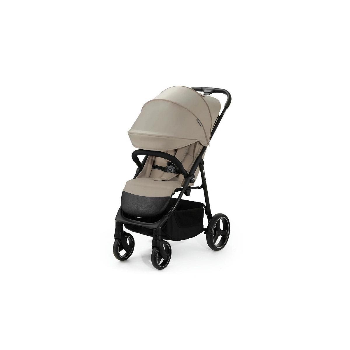 Ein beiger Kinderwagen mit schwarzem Sitz und Aufbewahrungskorb.