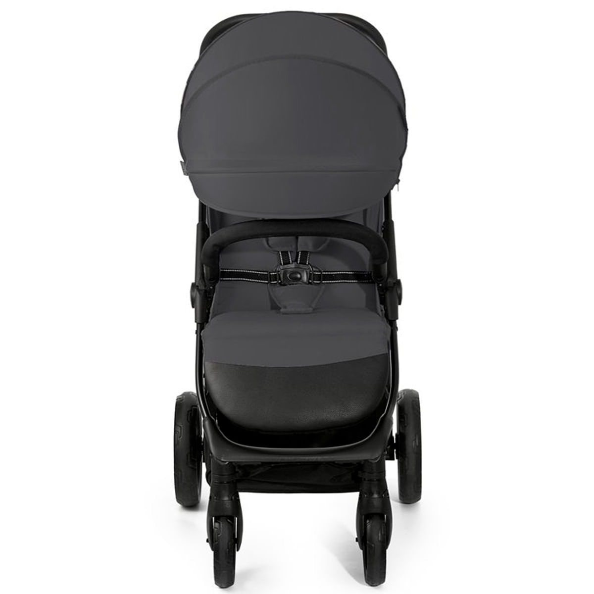 Ein dunkler Kinderwagen mit einem Überdach, Sitz und Sicherheitsgurt.