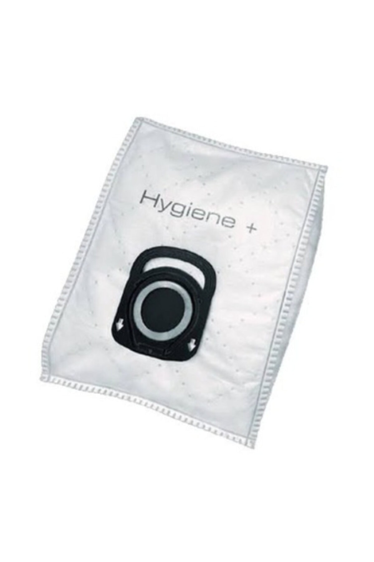 Üzerinde 'Hygiene +' yazısı ve siyah bağlantı parçası olan beyaz elektrikli süpürge torbası.