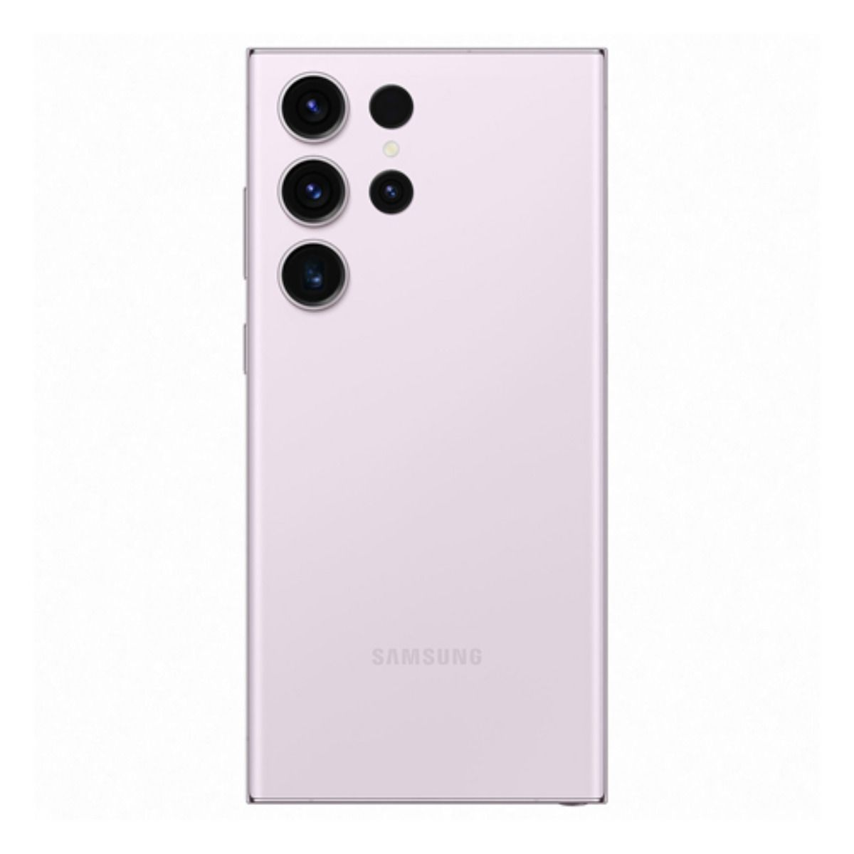 Ein hellviolettes Samsung Smartphone wird von hinten gezeigt, mit seinen Kameralinsen und dem Samsung-Logo.