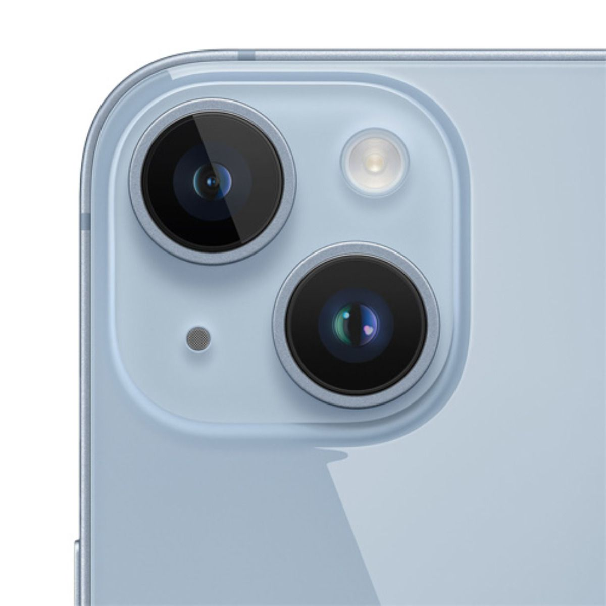 Primo piano del retro di uno smartphone azzurro, con due obiettivi e flash.