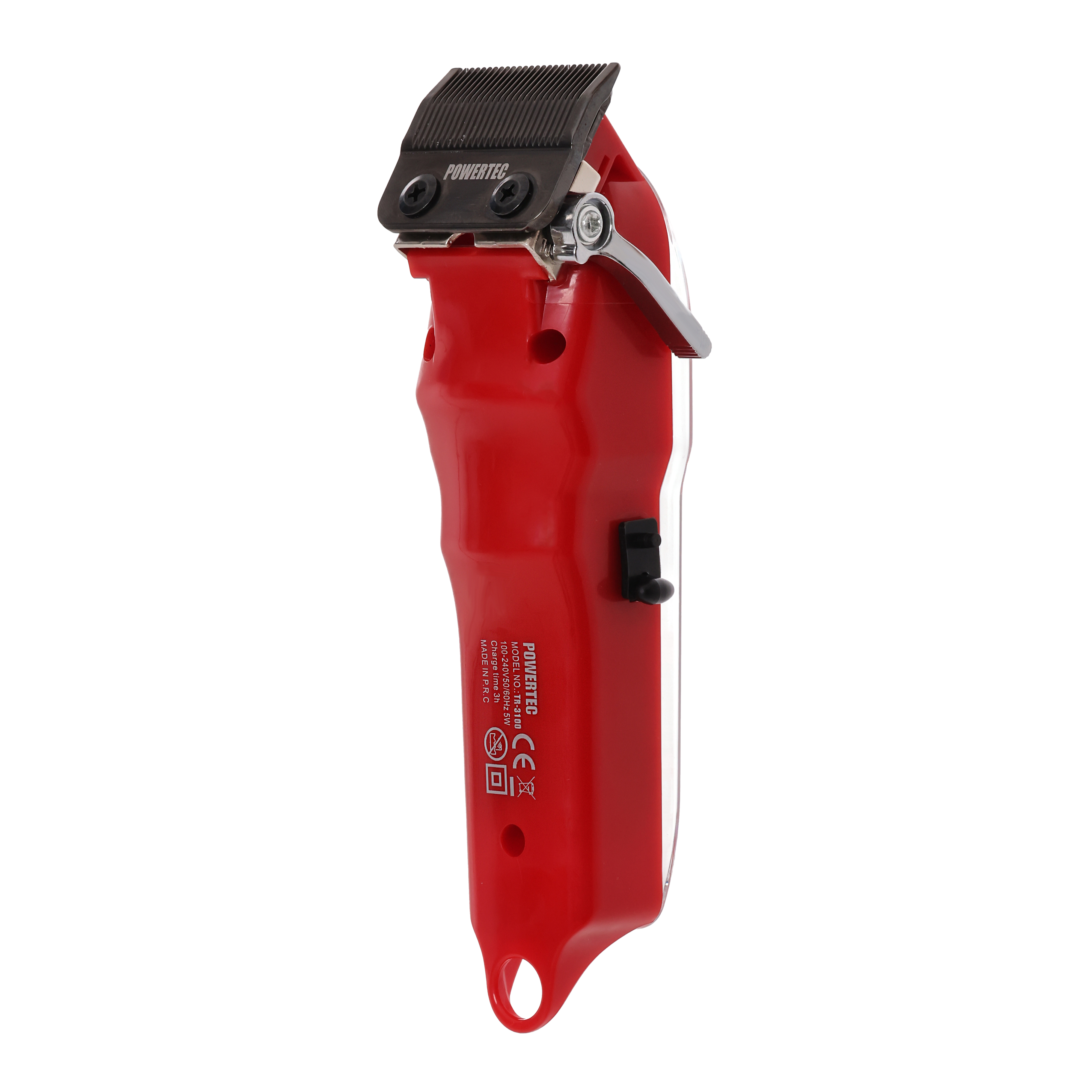 Gümüş kollu ve siyah düğmeli kırmızı Powertec saç kesme makinesi.