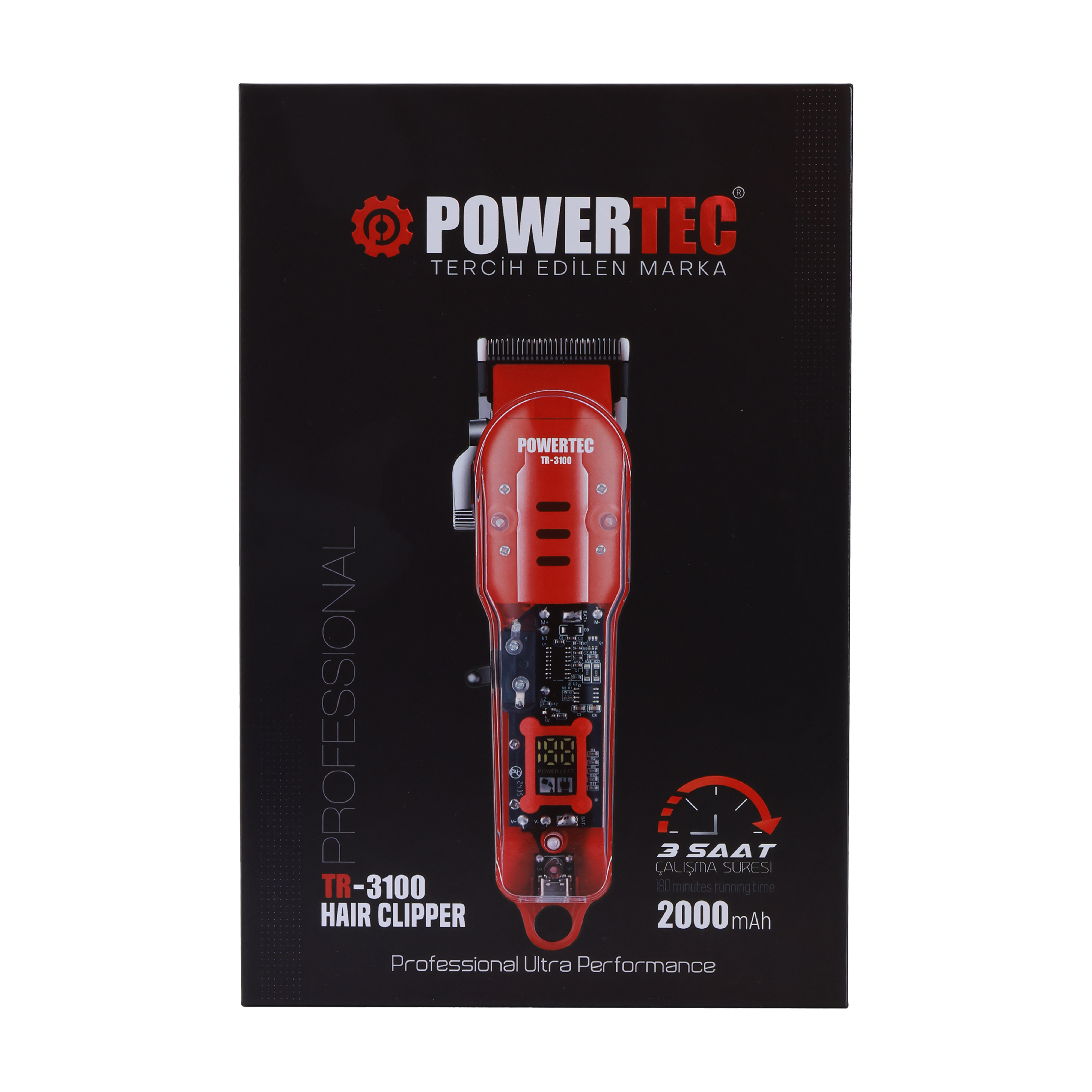 Dijital ekranlı ve görünür iç devreleri olan kırmızı POWERTEC TR-3100 saç kesme makinesi.