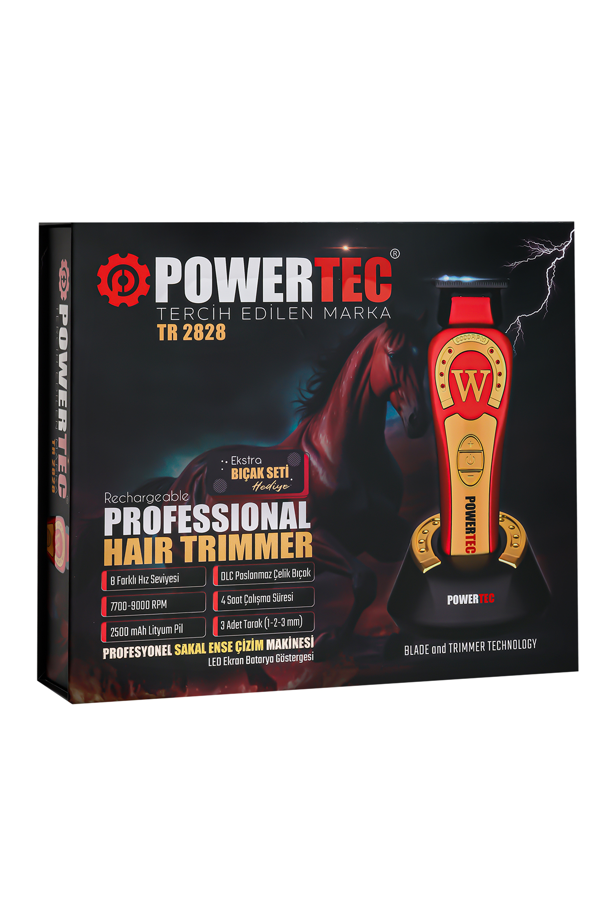 POWERTEC TR-2828 Tam Profesyonel 9.000rpm 8 Kademeli Sakal Ense Çizim Tıraş Makinesi Kırmızı