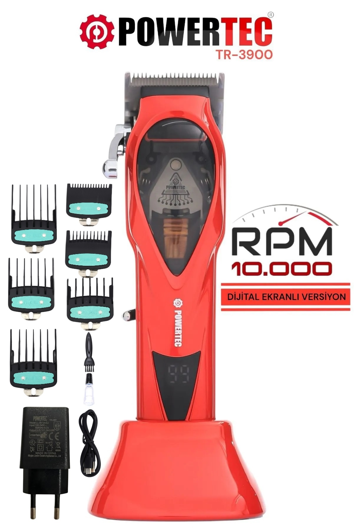 POWERTEC TR-3900 Saç Sakal 10.000 RPM Saç Kesme Makinesi Kırmızı