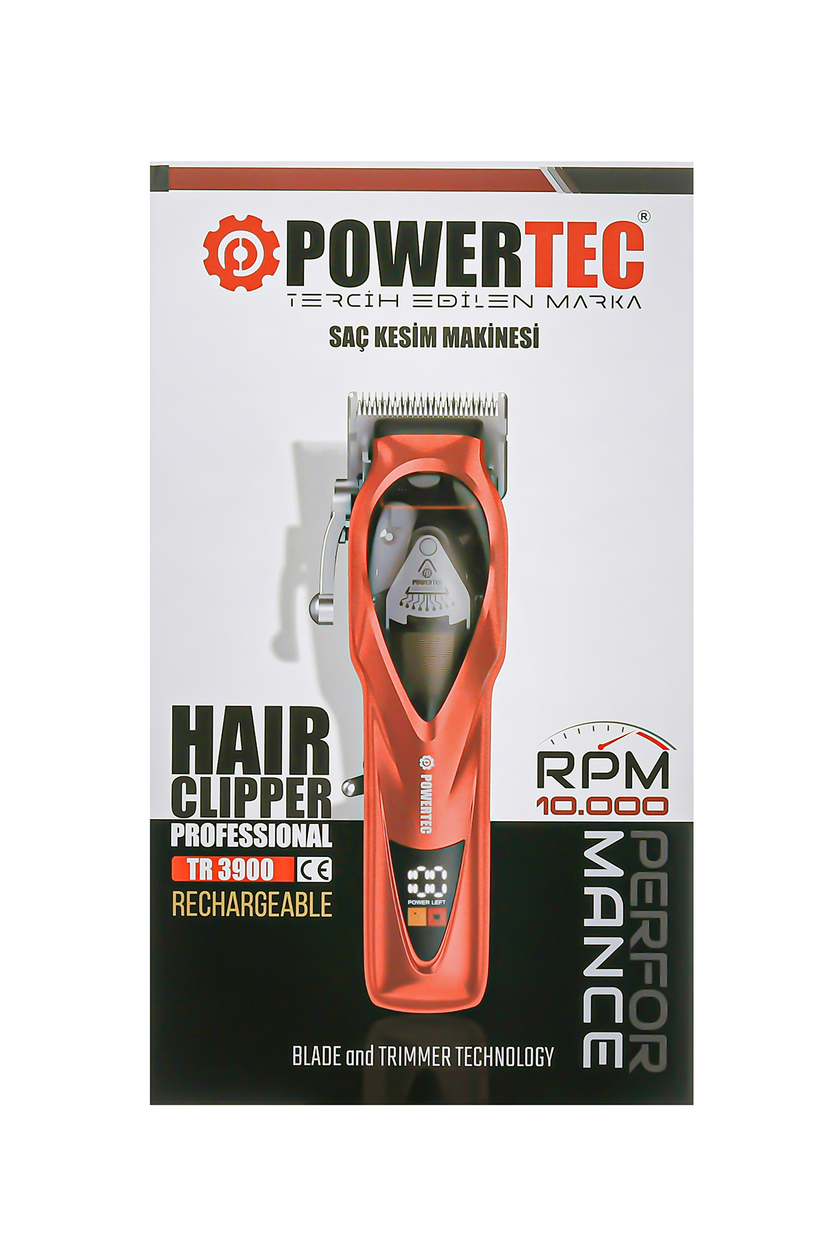 Kırmızı Powertec saç kesme makinesi, metal bıçaklı ve dijital ekranlı.