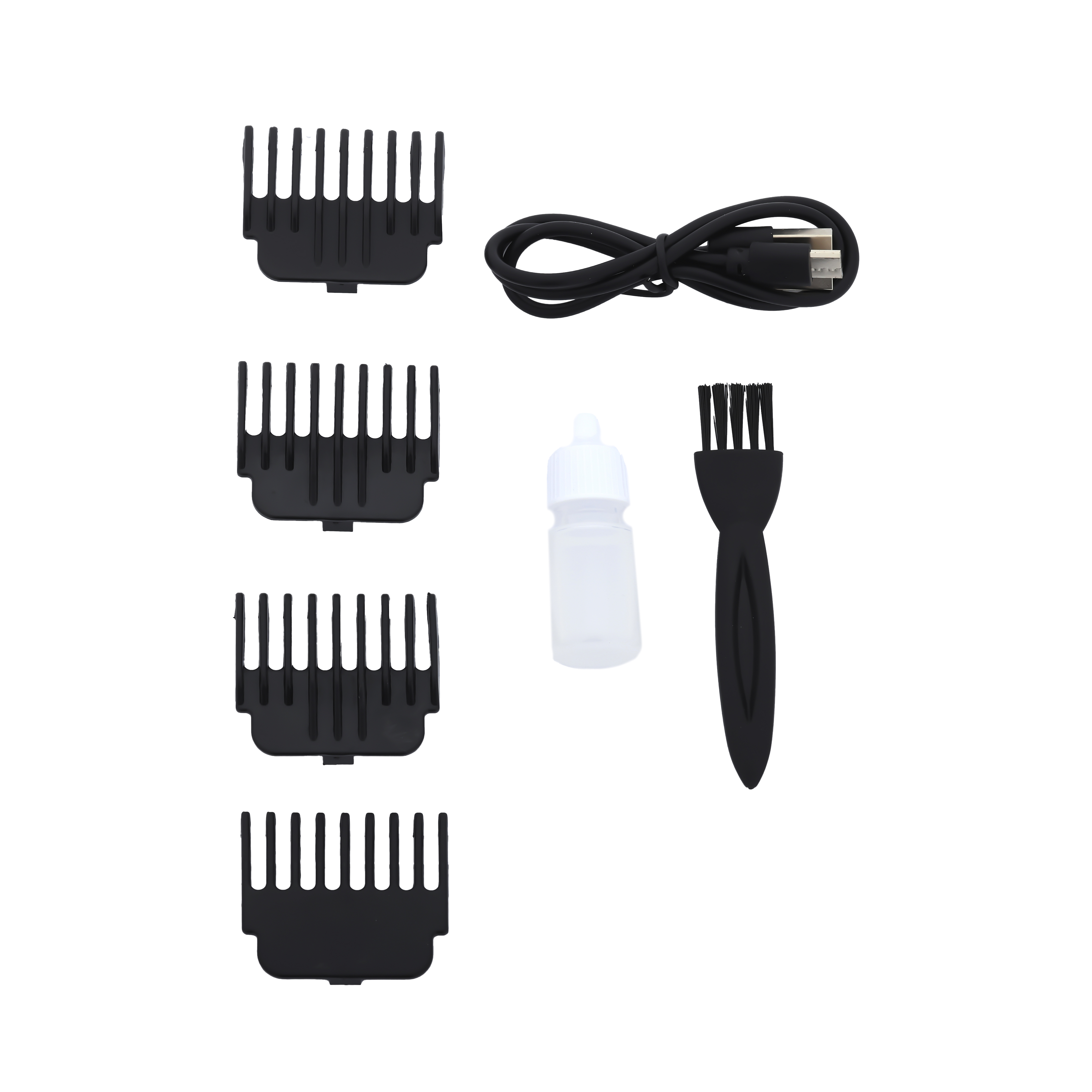 Dört siyah tarak aparatı, bir USB kablosu, küçük bir şişe ve bir fırça.