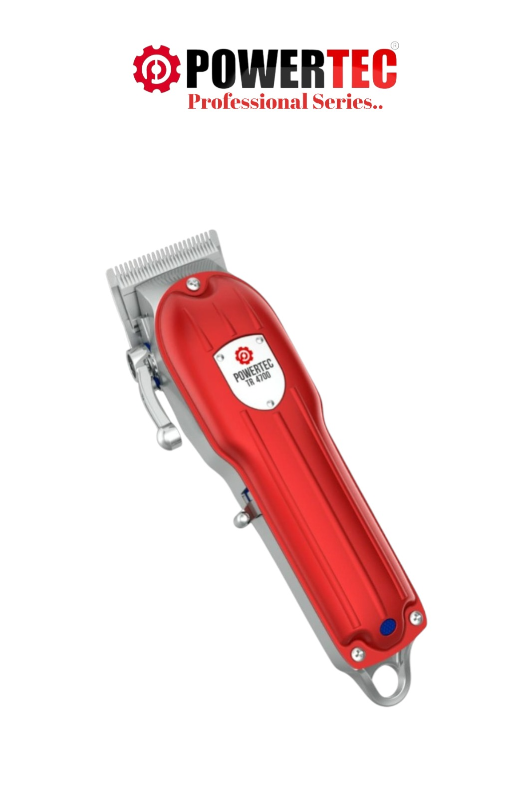 Kırmızılı ve gümüş renkli POWERTEC saç kesme makinesi.