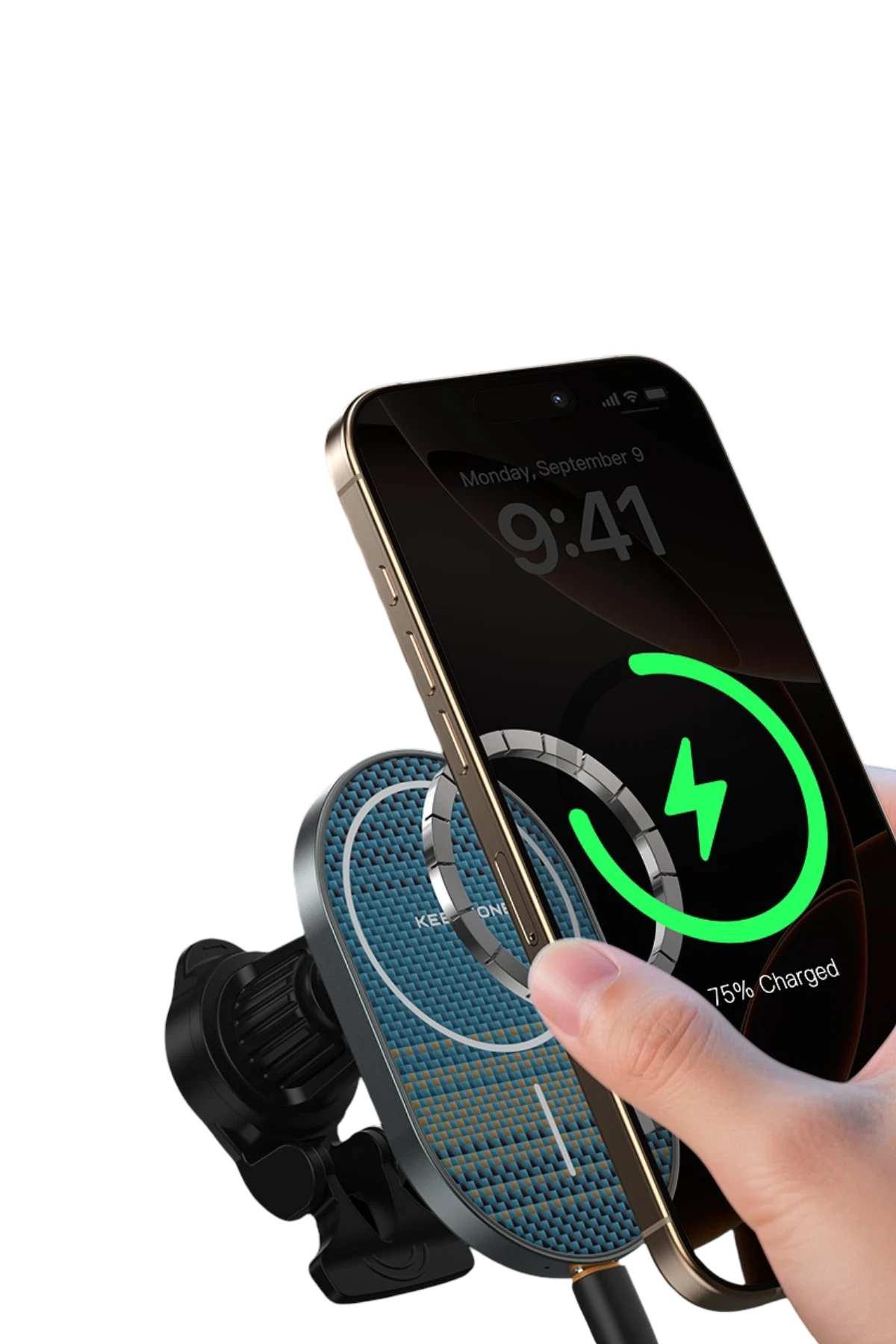Bir telefon, şimşek sembollü kablosuz şarj cihazında şarj oluyor.