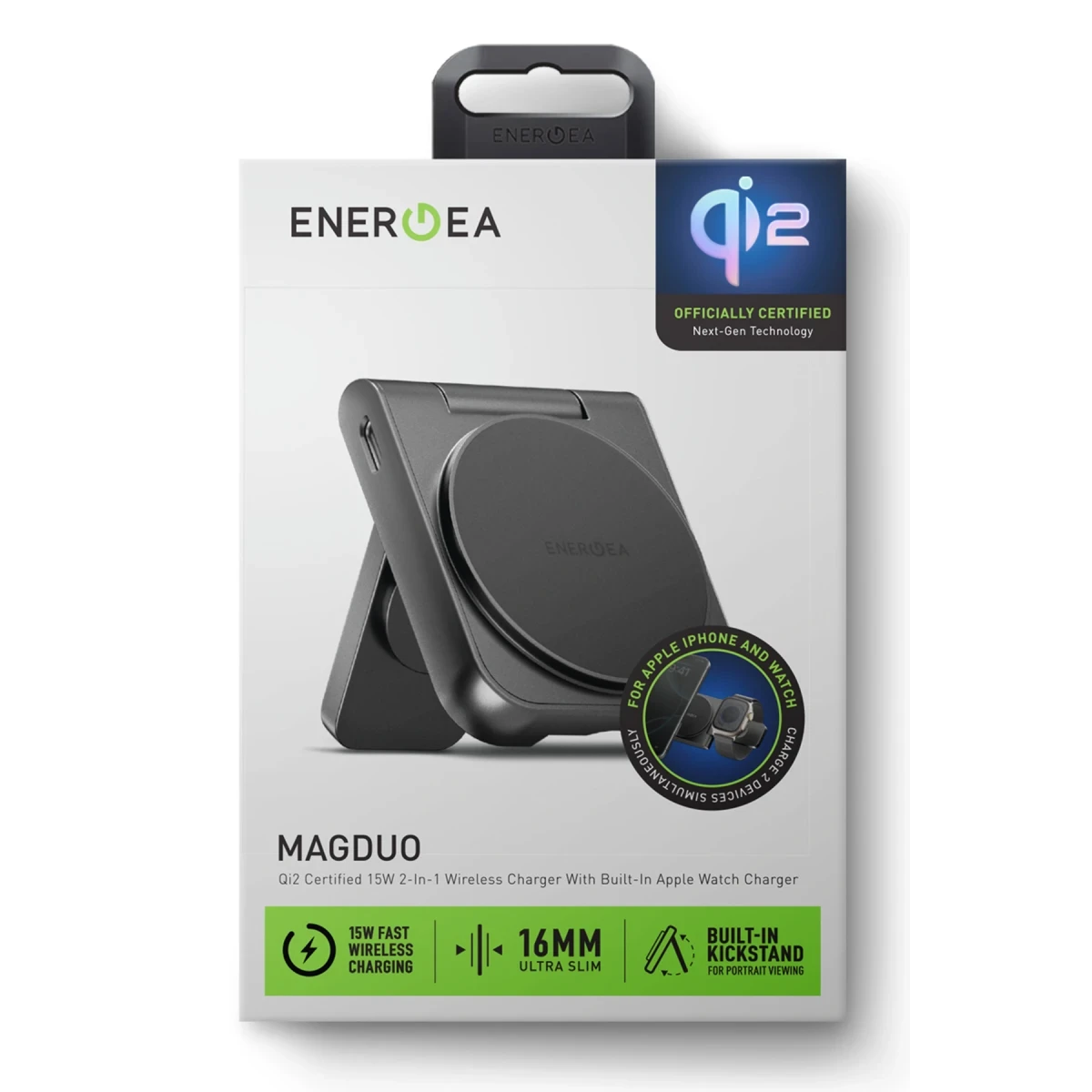 Energea Magduo: iPhone ve Apple Watch için siyah 2'si 1 arada Qi2 şarj cihazı.