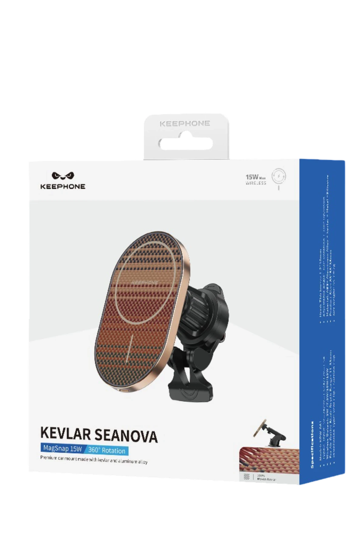 Keephone Kevlar Seanova araç tutucu: 15W kablosuz, 360° dönebilir, alüminyum alaşım.