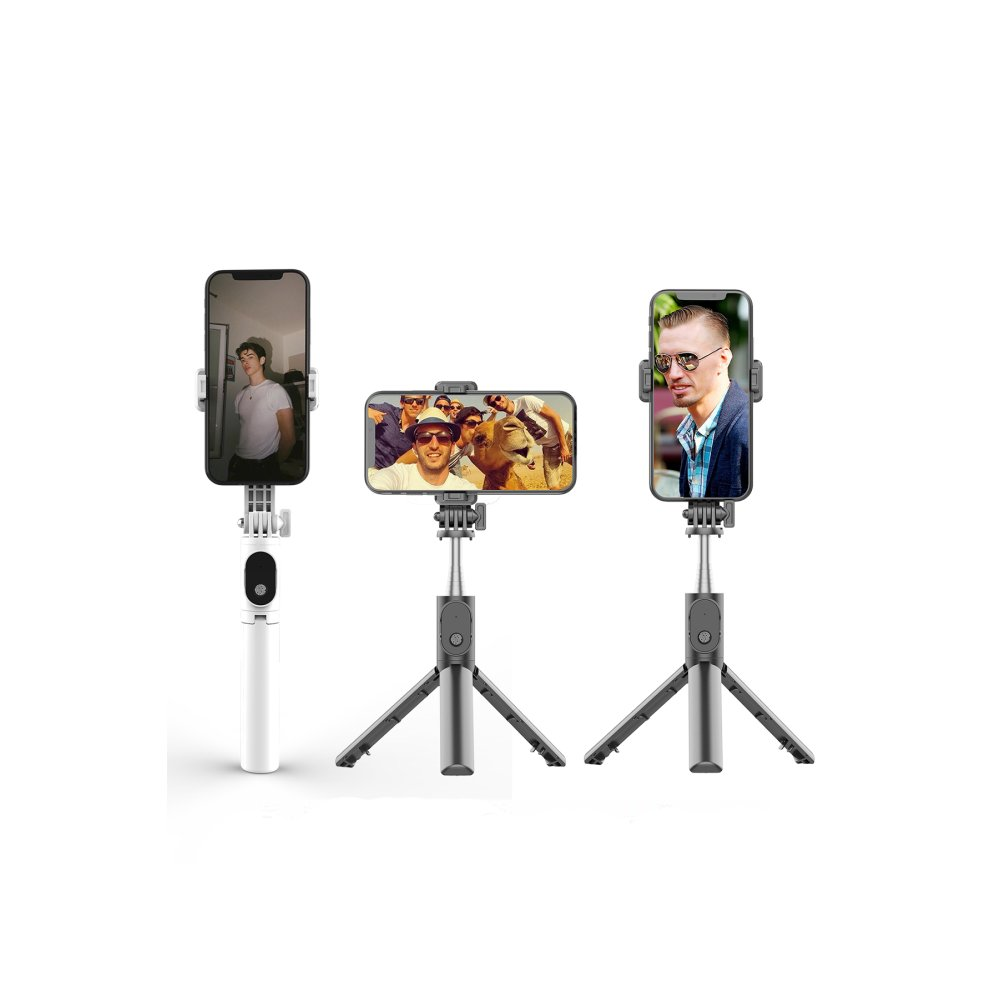 Telefonlu üç akıllı telefon tripod: biri dikey, ikisi tripod bacaklı.