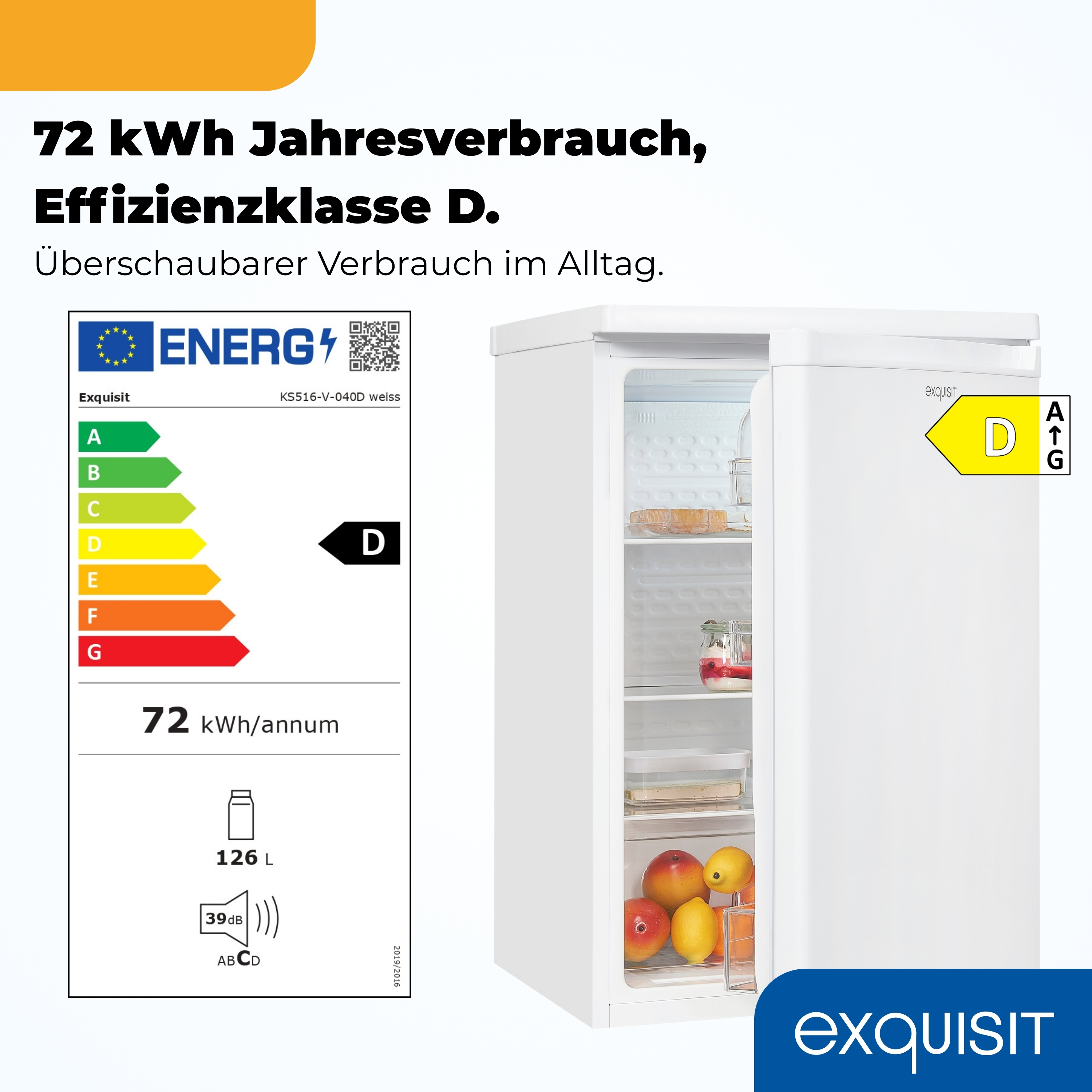 Weißer Exquisit Kühlschrank mit Energieeffizienzklasse D, 72 kWh Verbrauch.