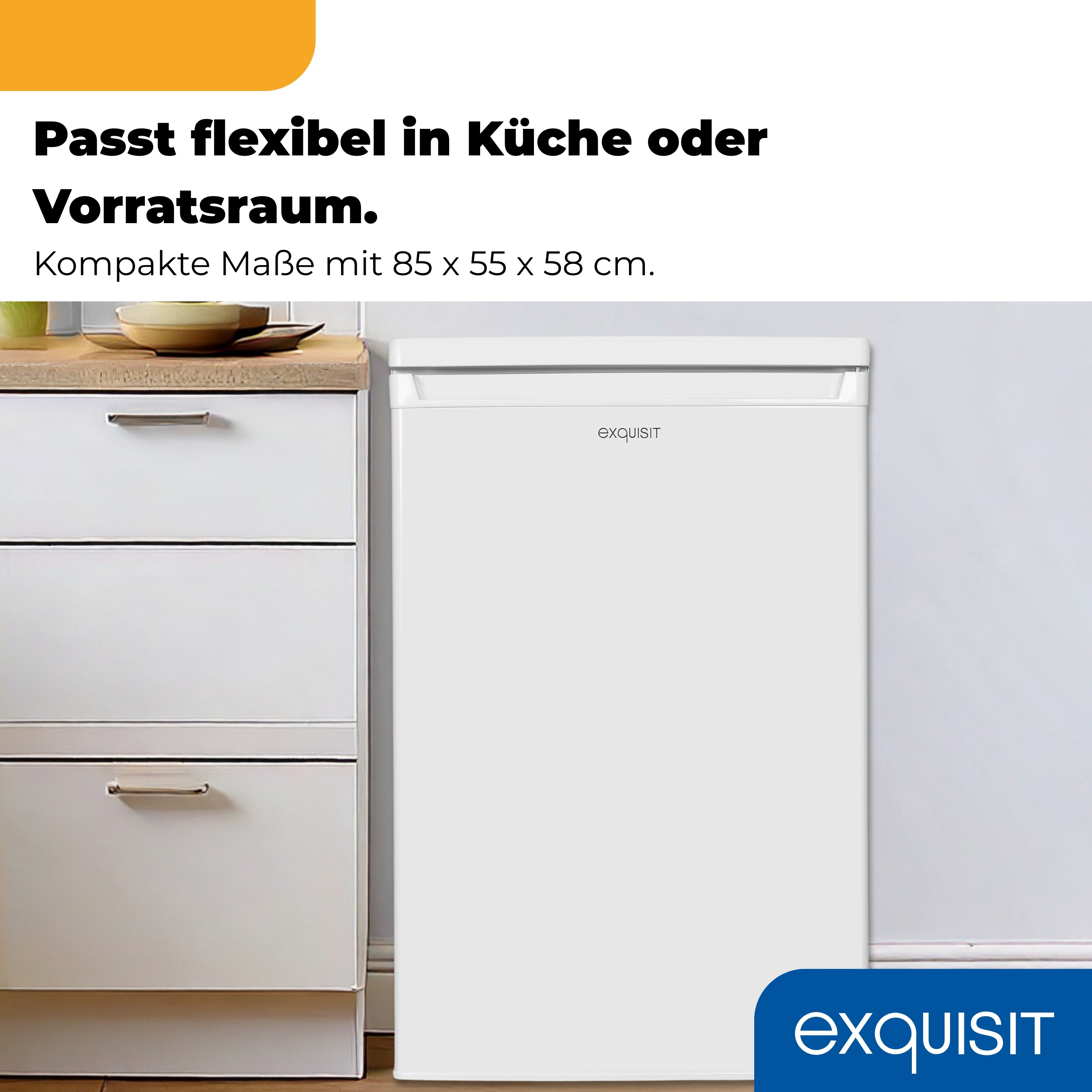 Ein weißer Kühlschrank neben weißen Schubladen mit einer Schüssel darauf.