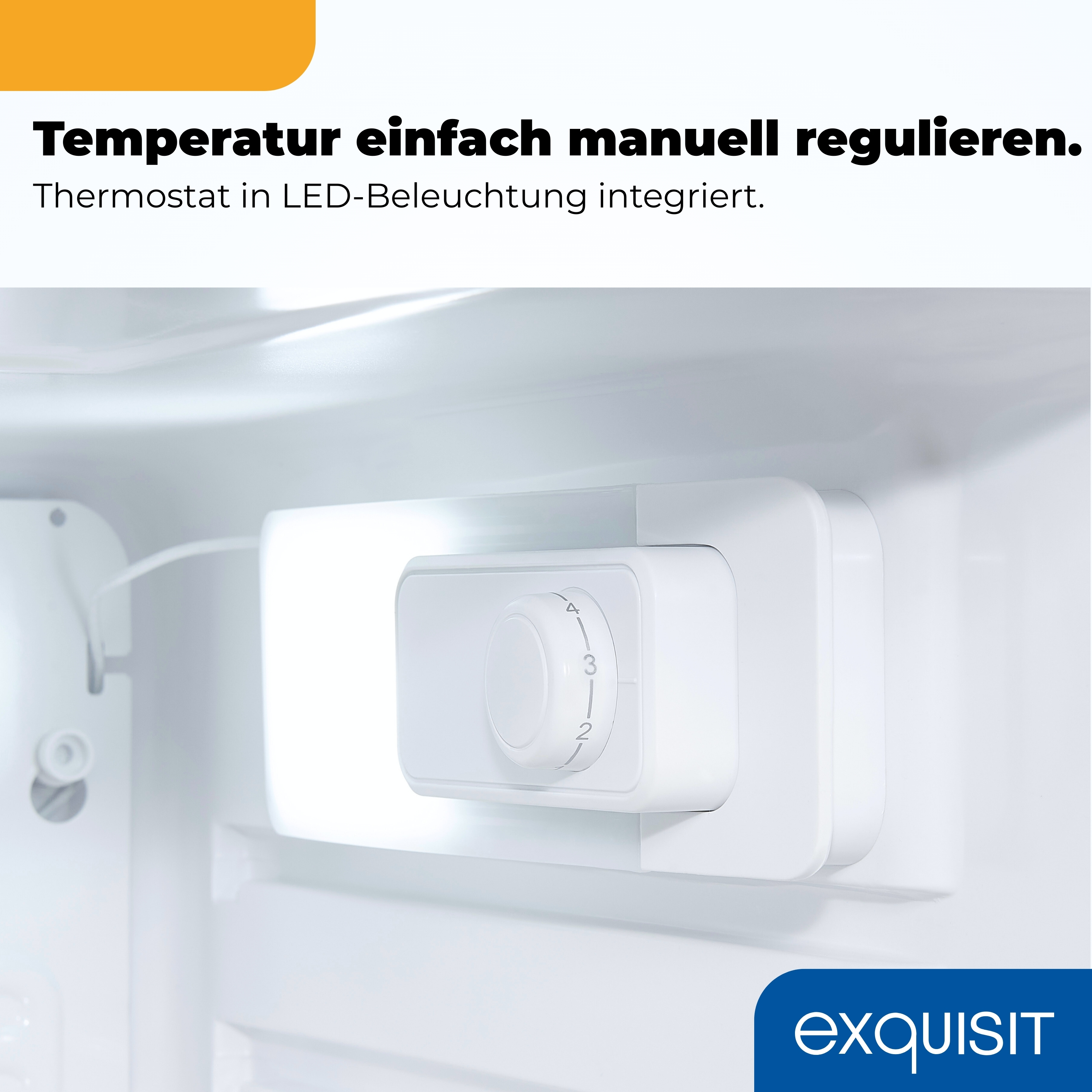 Ein weißer Thermostat mit Drehregler (2-4) in einem Kühlgerät.
