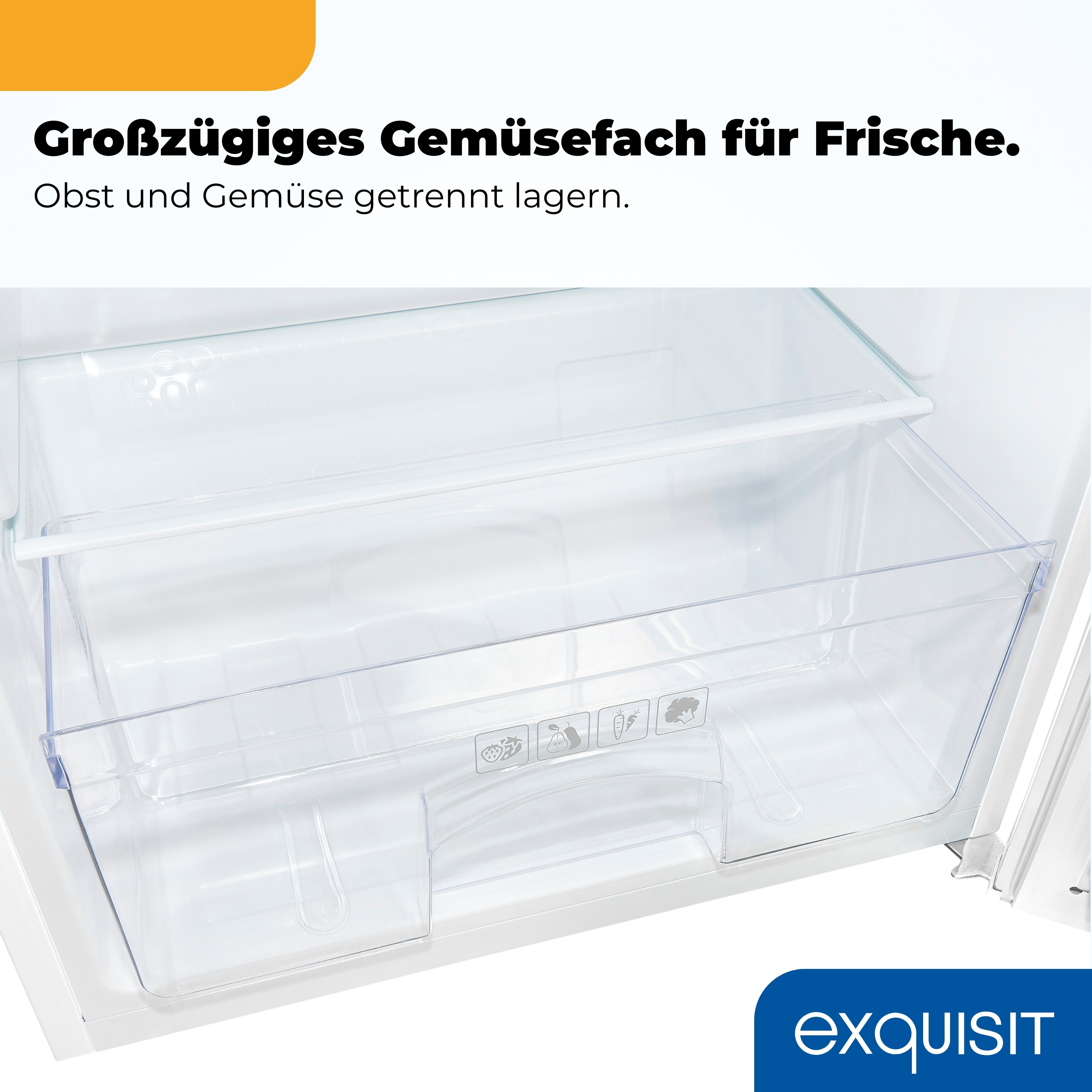 Ein leerer, transparenter Kühlschrank-Gemüseschublade mit Symbolen für Obst und Gemüse.