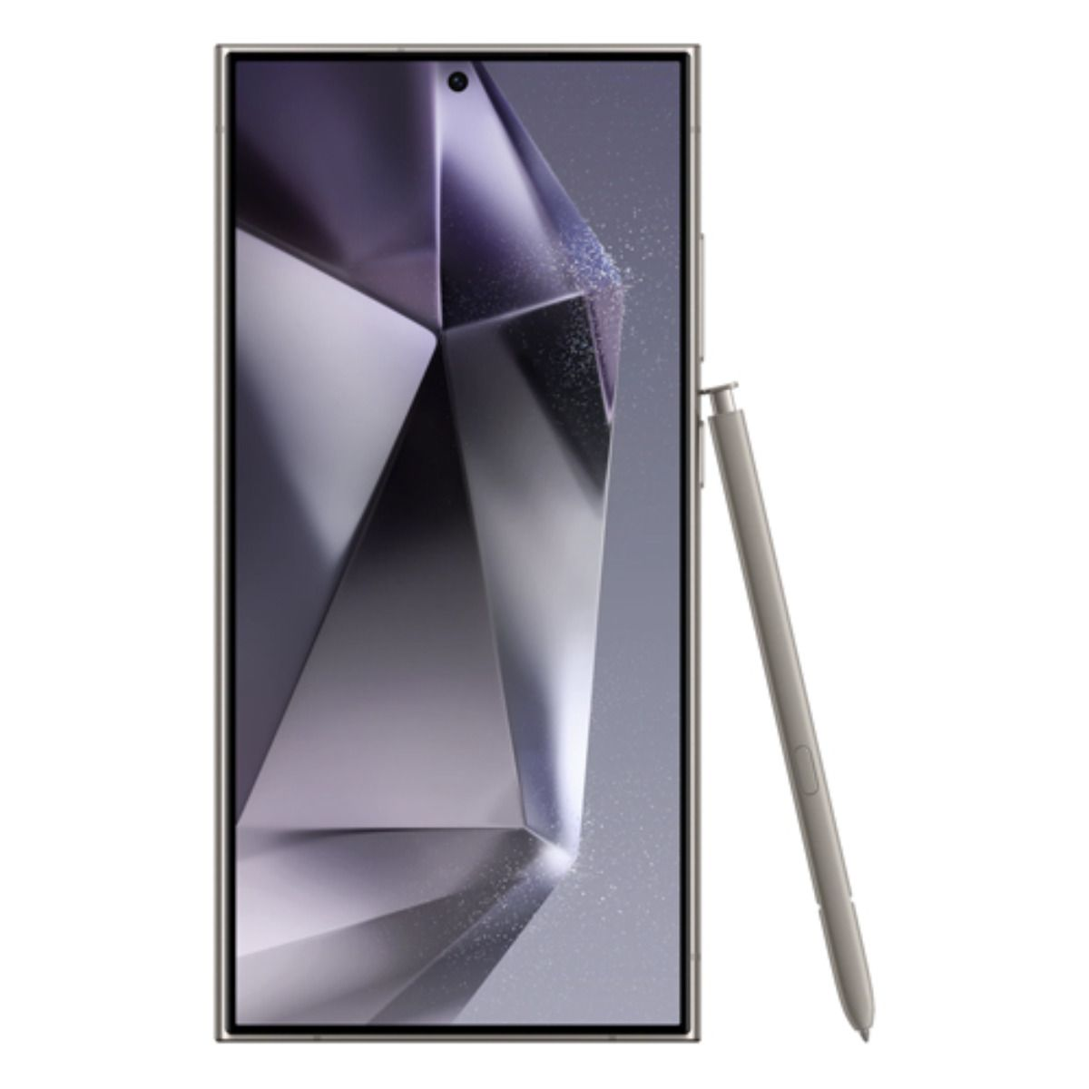 Ein silberner Stift liegt neben einem Smartphone mit einem abstrakten Hintergrund.