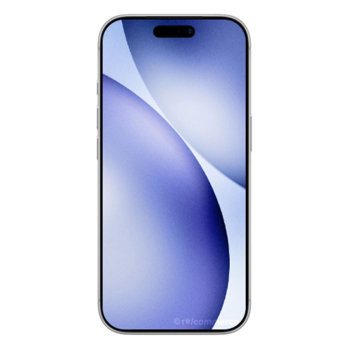 Uno smartphone argentato con uno sfondo astratto blu.