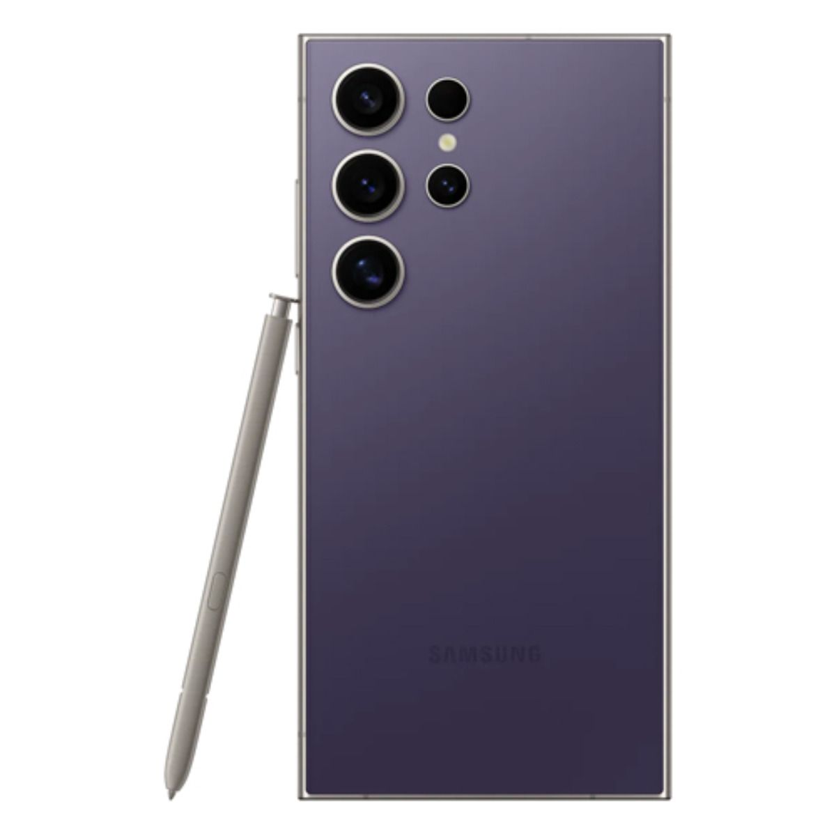 Lila Smartphone mit vier Kameras und Stift auf weißem Hintergrund.