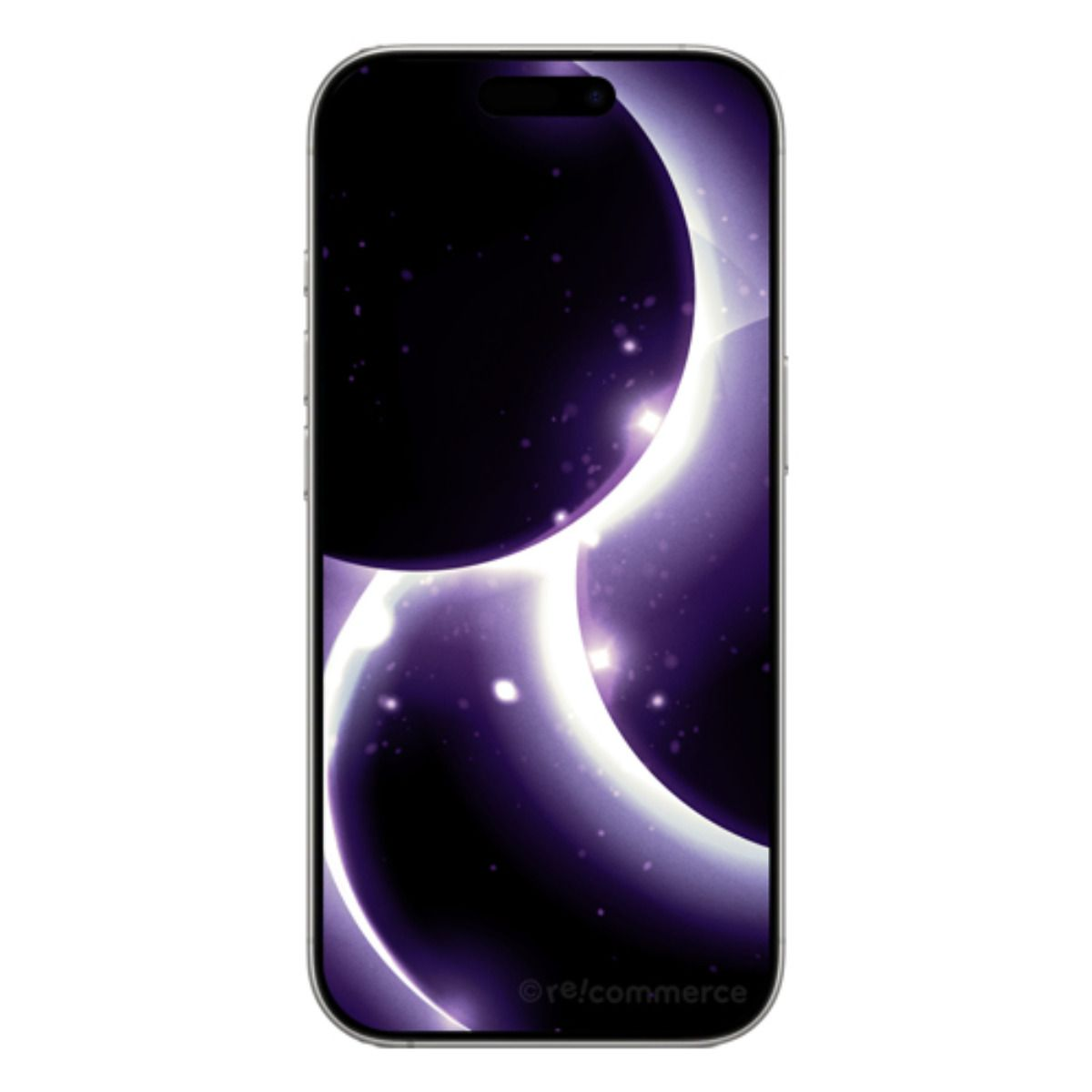 Ein Smartphone mit einem dunklen, lila Himmels-Wallpaper mit Planeten und Lichtern.