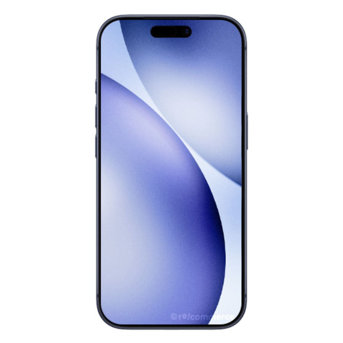 Smartphone blu scuro con sfondo viola e bianco.