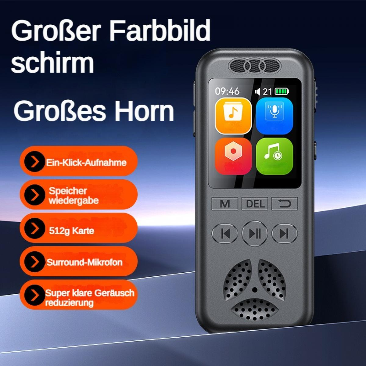 Digitaler Recorder mit großem Bildschirm und Horn. Funktionen: Aufnahme, Wiedergabe, 512GB, Mikrofon, Geräuschreduzierung.