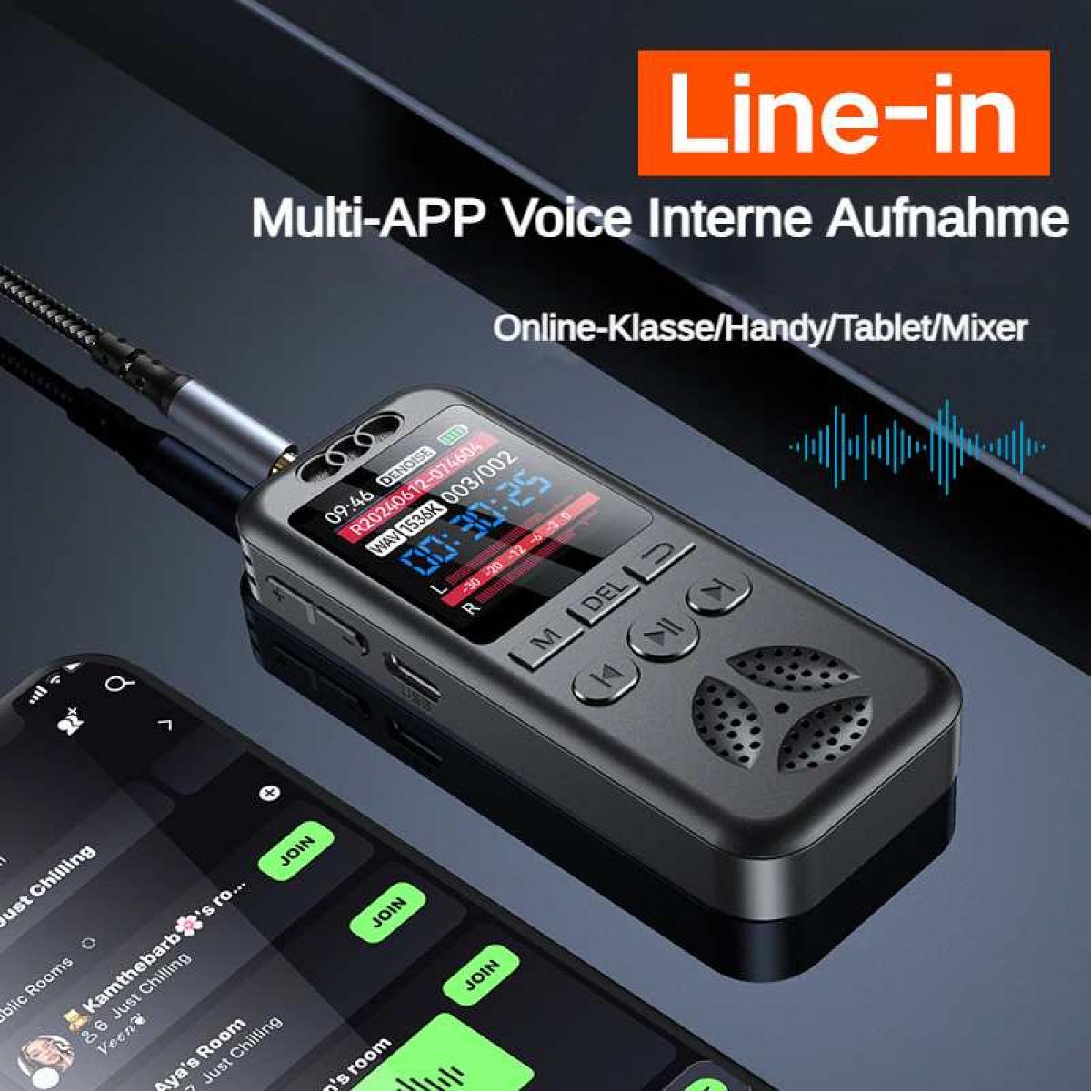 Digitaler Recorder mit Display, Mikrofon, Tasten und Smartphone-App.