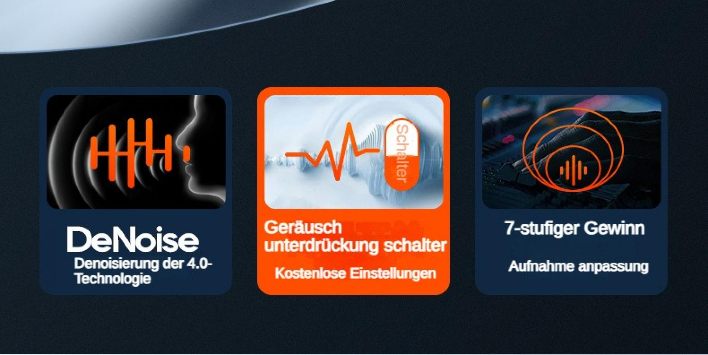 Drei Icons: Lärmreduktion, Geräuschunterdrückungsschalter, 7-stufiger Gewinn.
