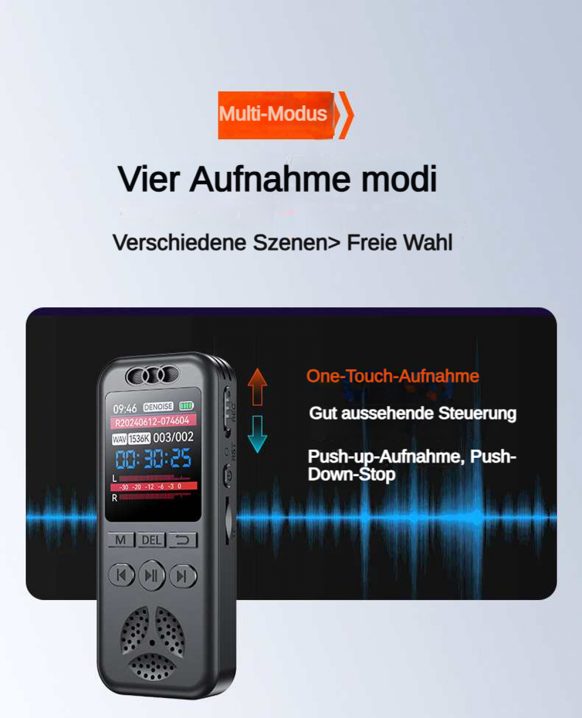 Ein schwarzer Diktiergerät zeigt eine Wellenform und Aufnahmezeit an.