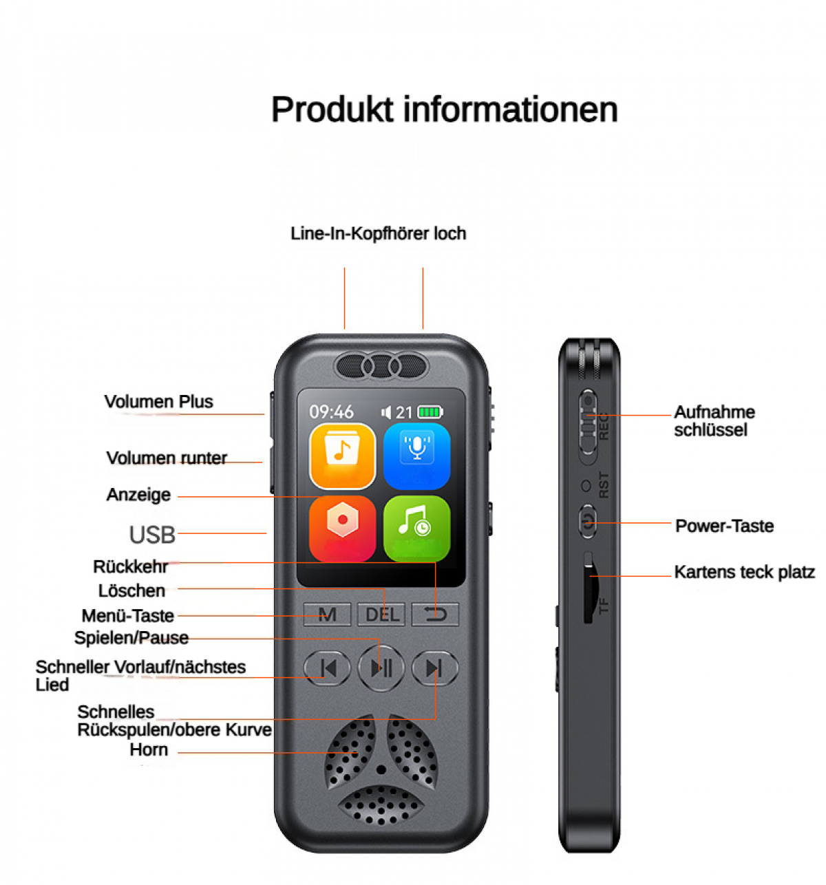 Produktinformationen eines schwarzen digitalen Audioplayers mit Beschriftungen.