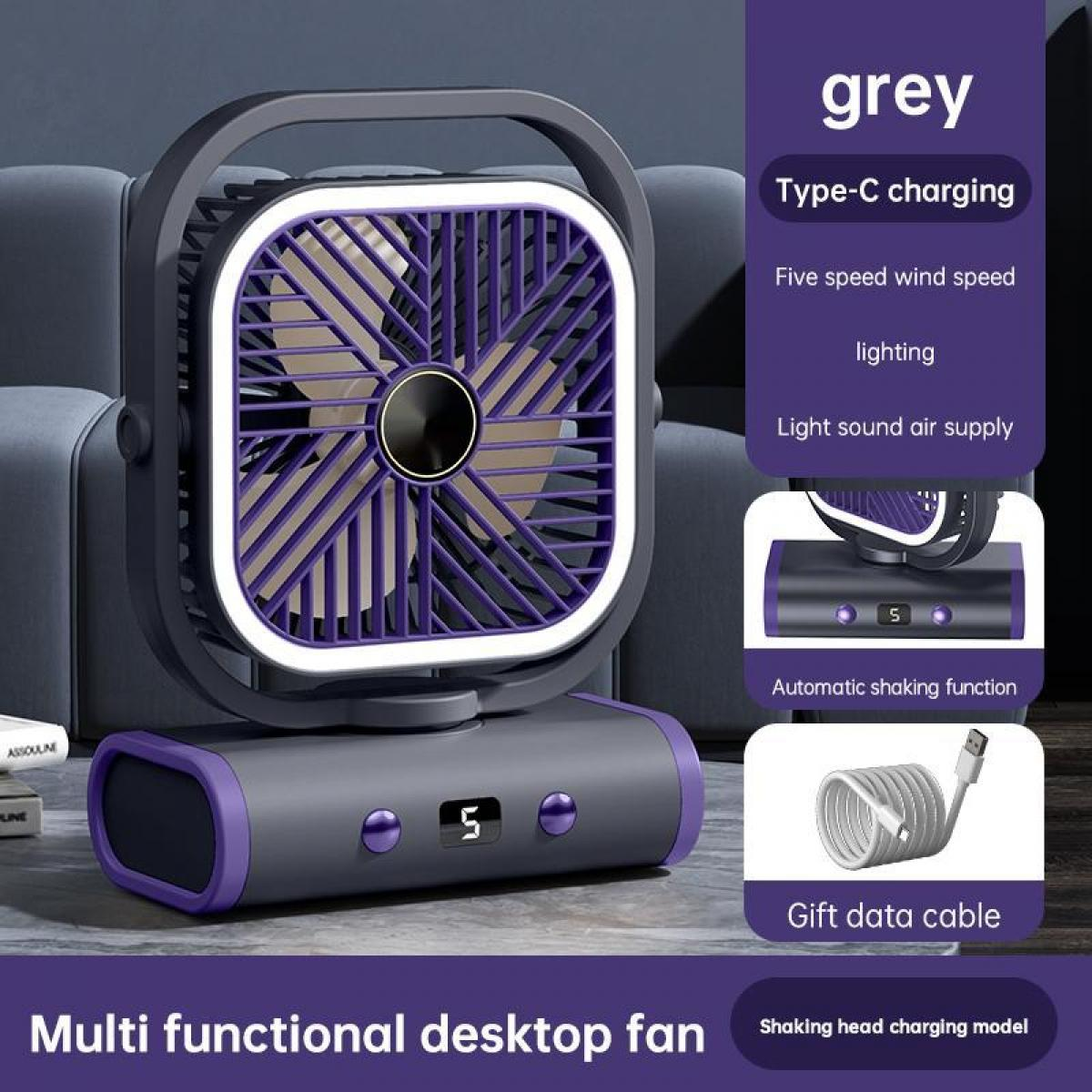 Grauer Multifunktions-Tischventilator mit violetter Lüfterabdeckung und LED-Beleuchtung.