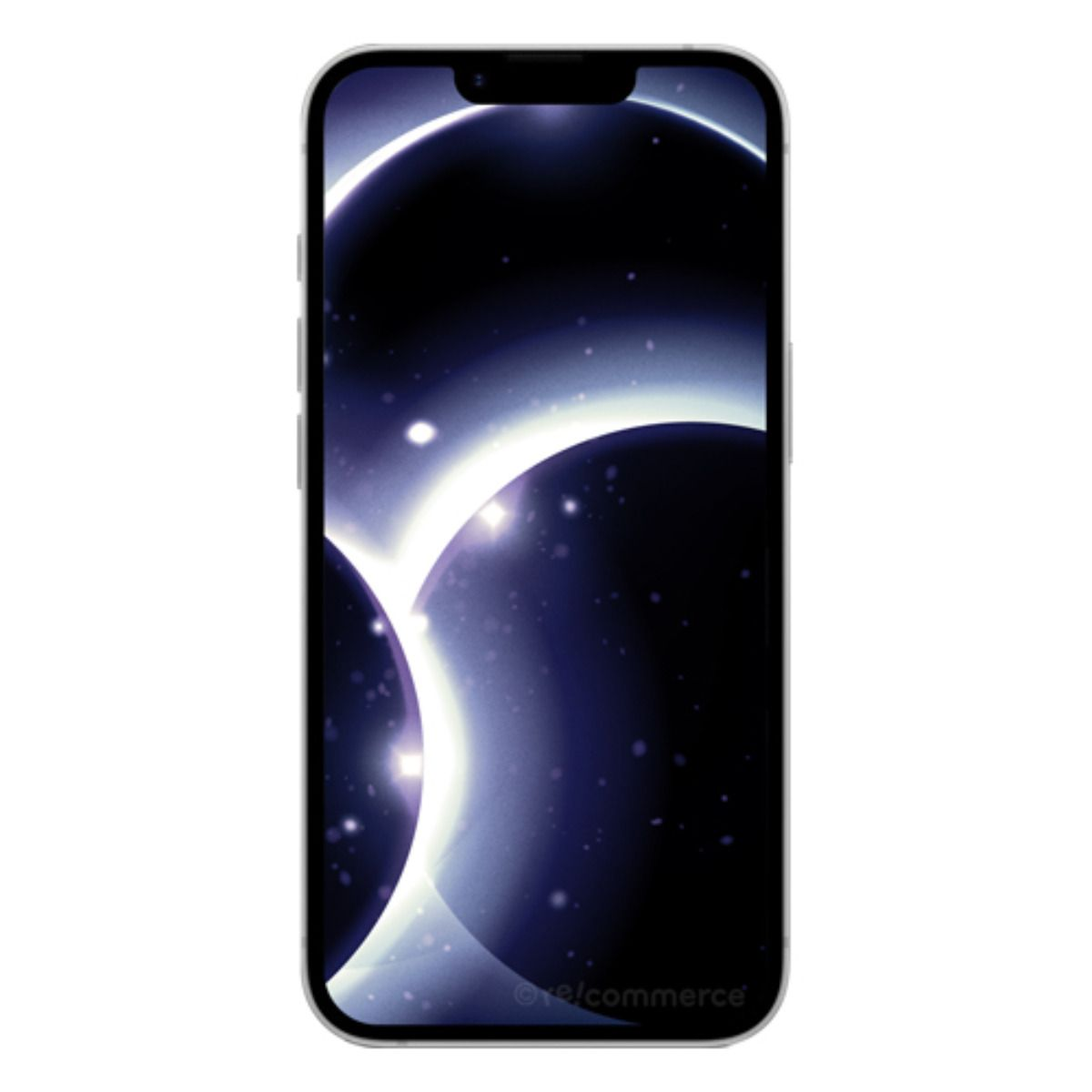 Smartphone con sfondo a tema spaziale e due sfere luminose.