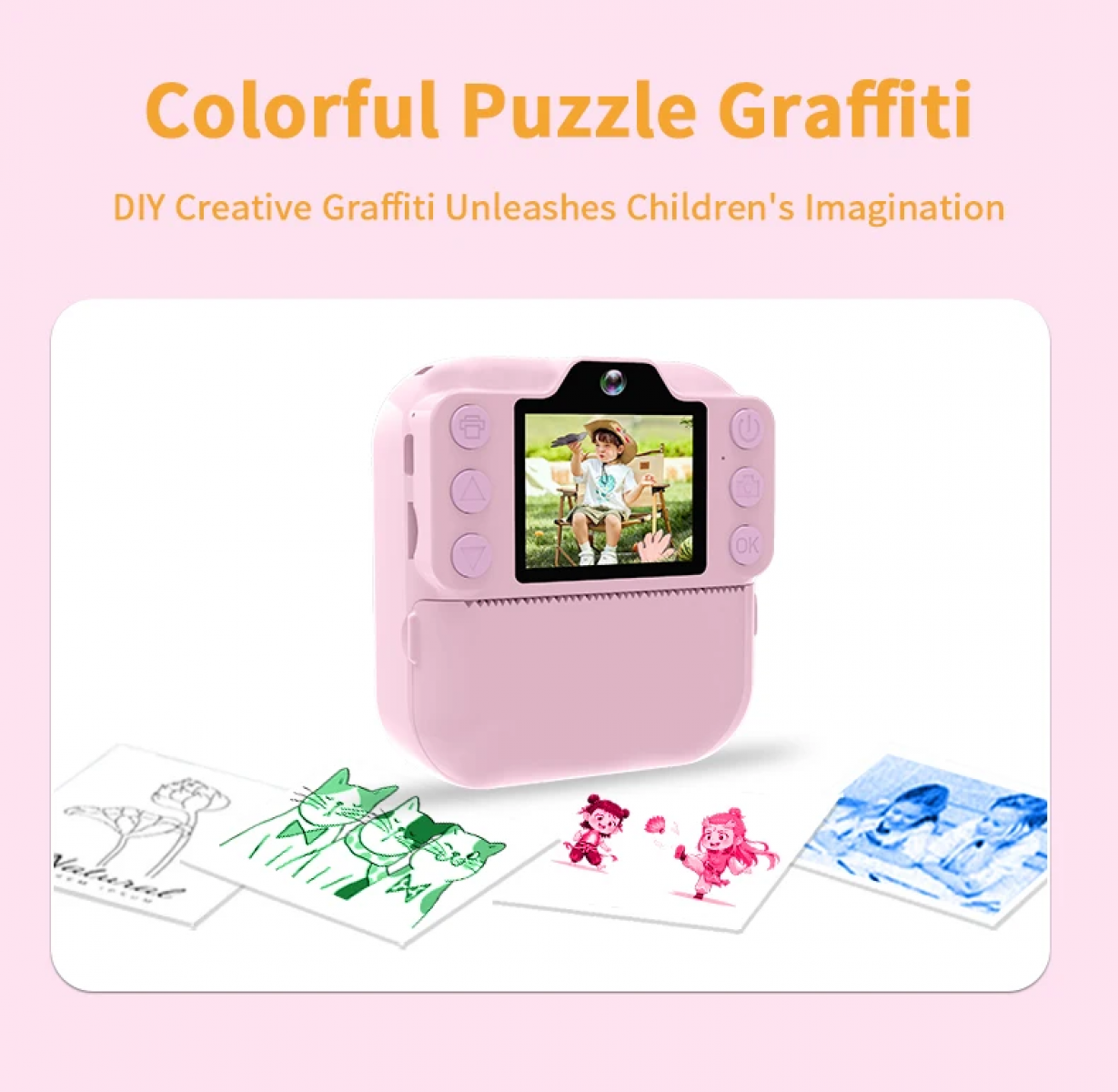 Eine rosa Digitalkamera zeigt ein Kind im Freien; darunter liegen gezeichnete Bilder.