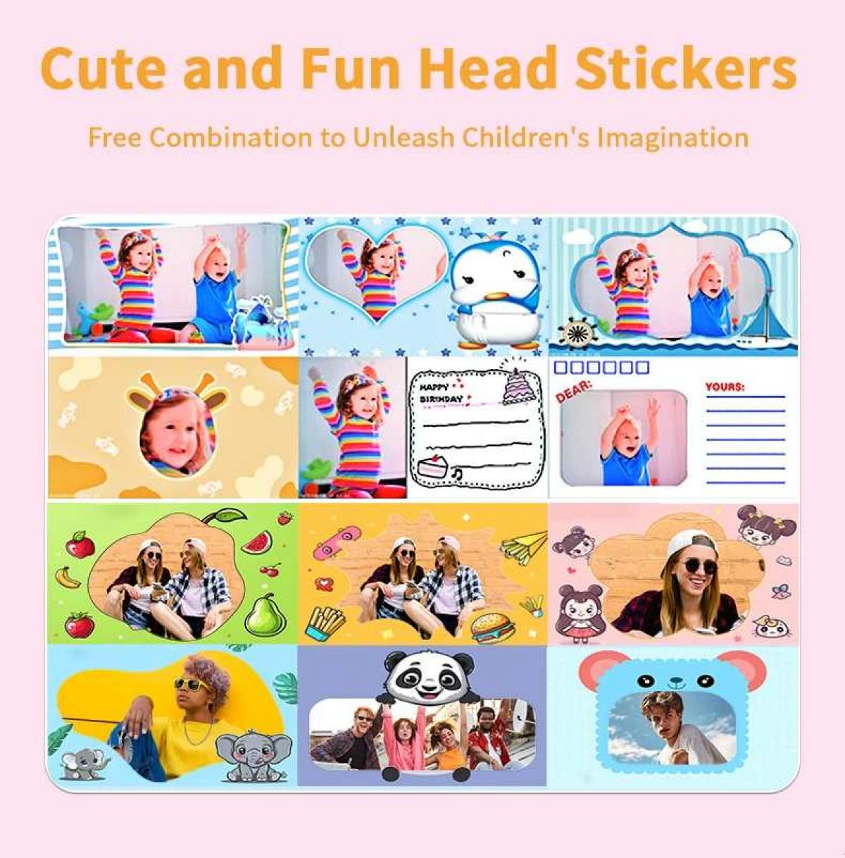 Collage mit Kindern, Geburtstagskarten und Aufklebern auf rosa Hintergrund.